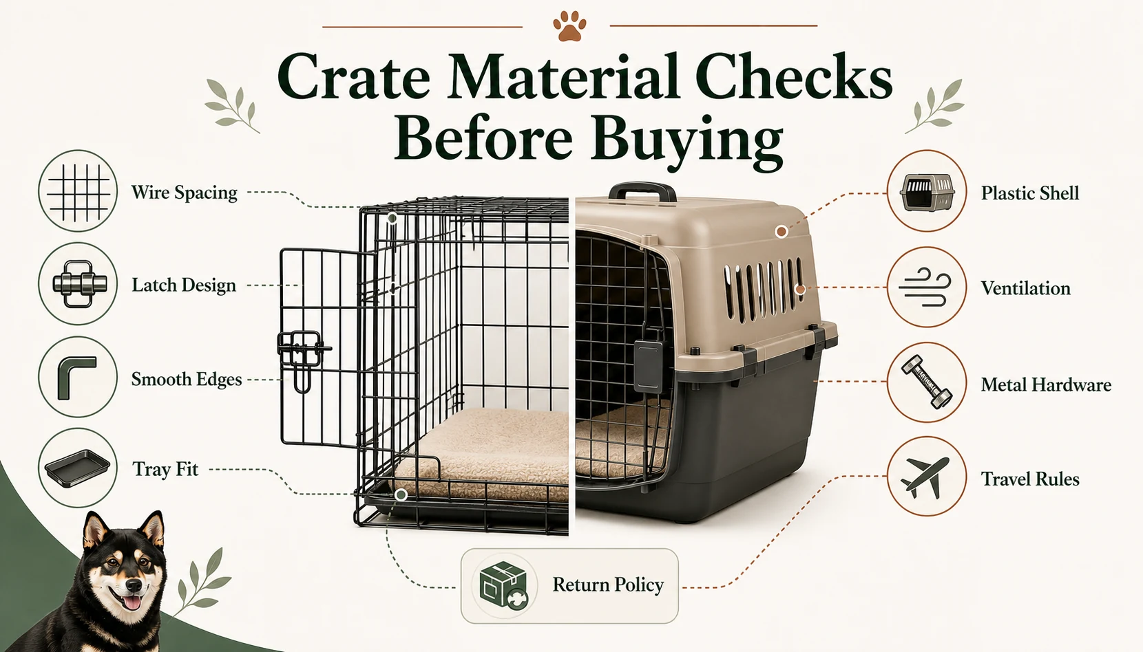 Infographic showing crate material checks for wire spacing, latch design, smooth edges, tray fit, plastic shell, ventilation, metal hardware, travel rules, and return policy.