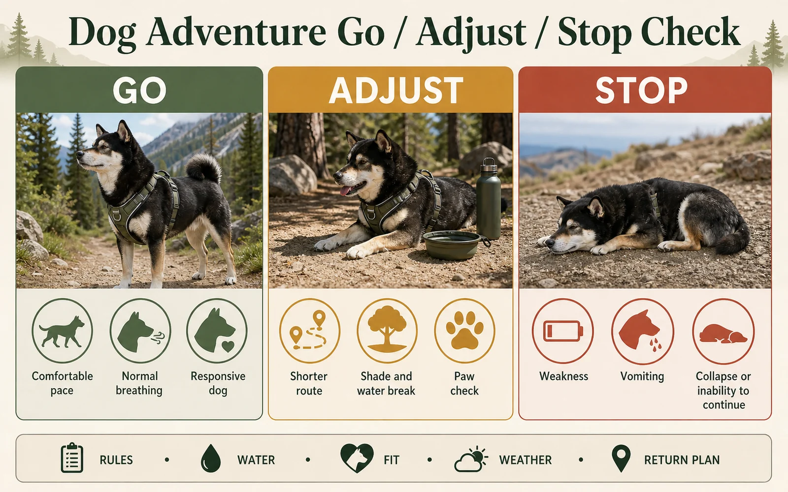 Dog adventure go, adjust, and stop field check featuring Mr. Smoky, with pace, breathing, responsiveness, water, shade, paw, weakness, vomiting, and collapse cues.