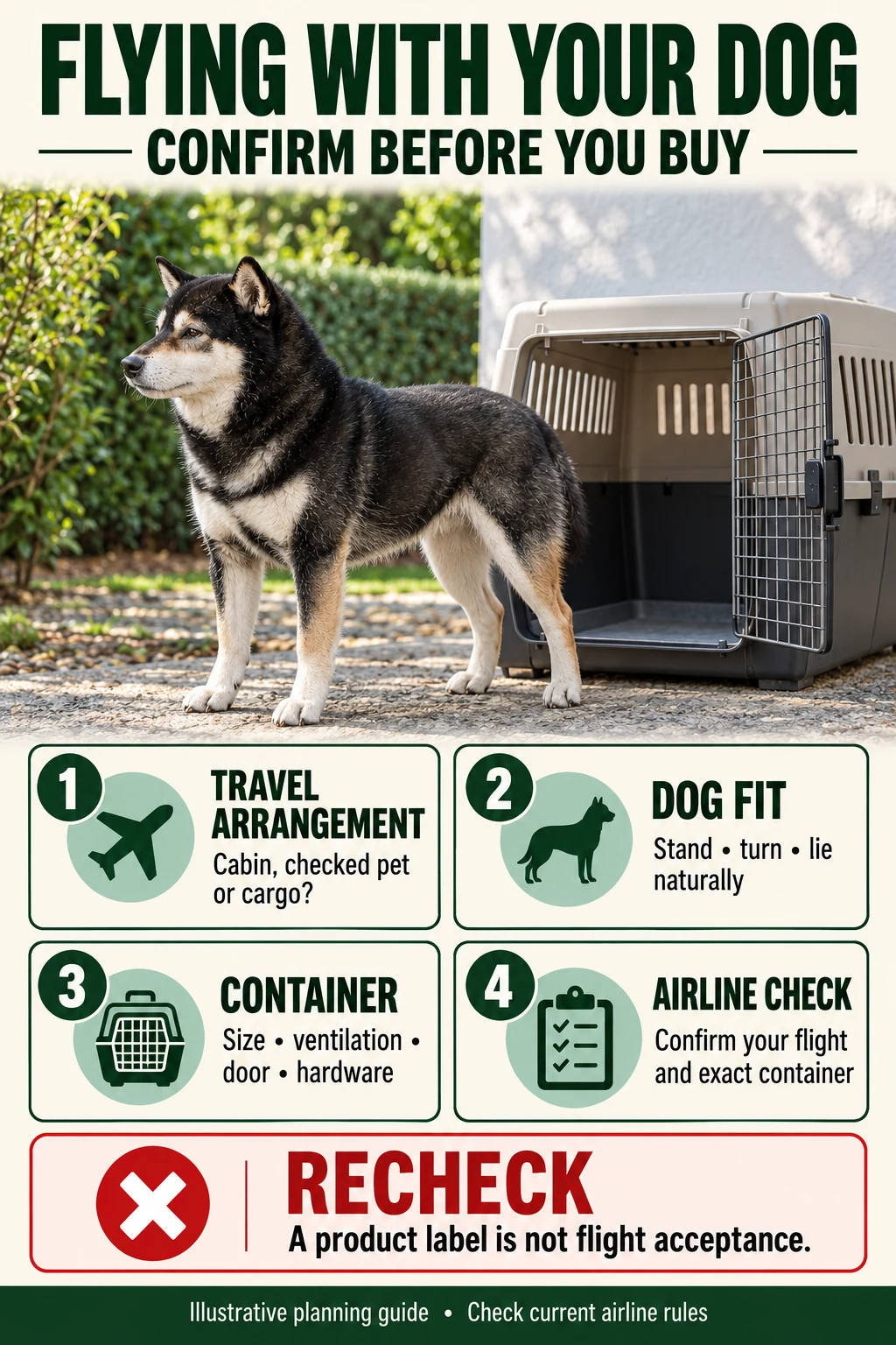 Dog flight preparation with Mr. Smoky: confirm the travel arrangement, dog fit, container construction and exact airline acceptance before buying