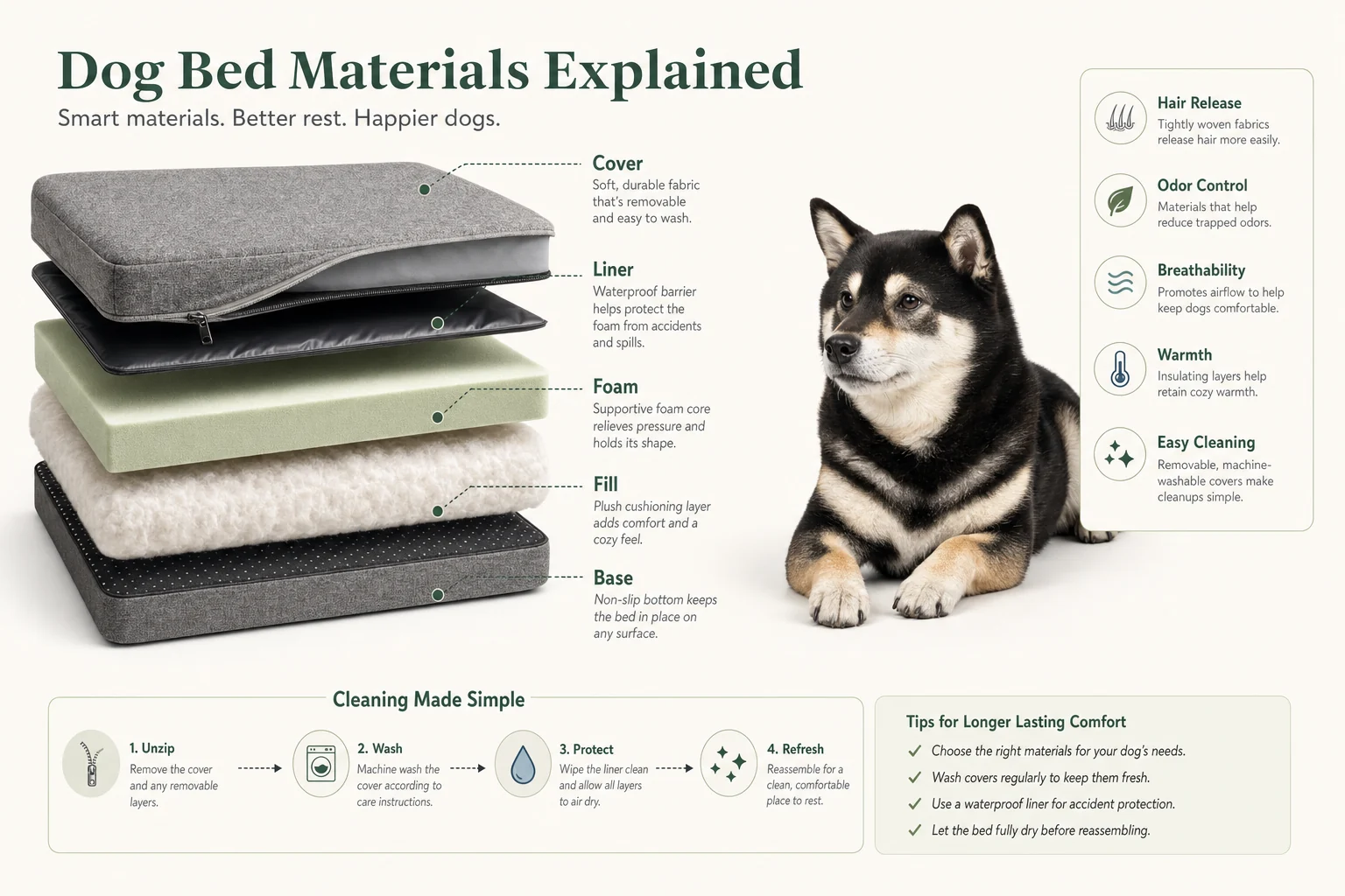 Infographic comparing dog bed cover fabric, waterproof liner, foam, fill, base, hair release, odor control, breathability, warmth, and cleaning.