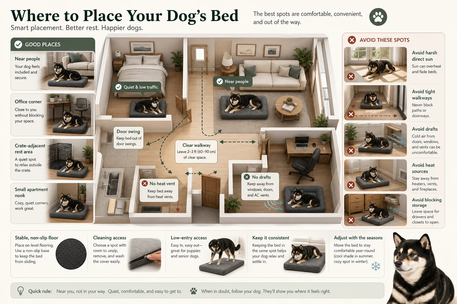 Infographic showing where to place a dog bed near people, away from door swings, walkways, heat vents, drafts, harsh sun, and blocked storage.