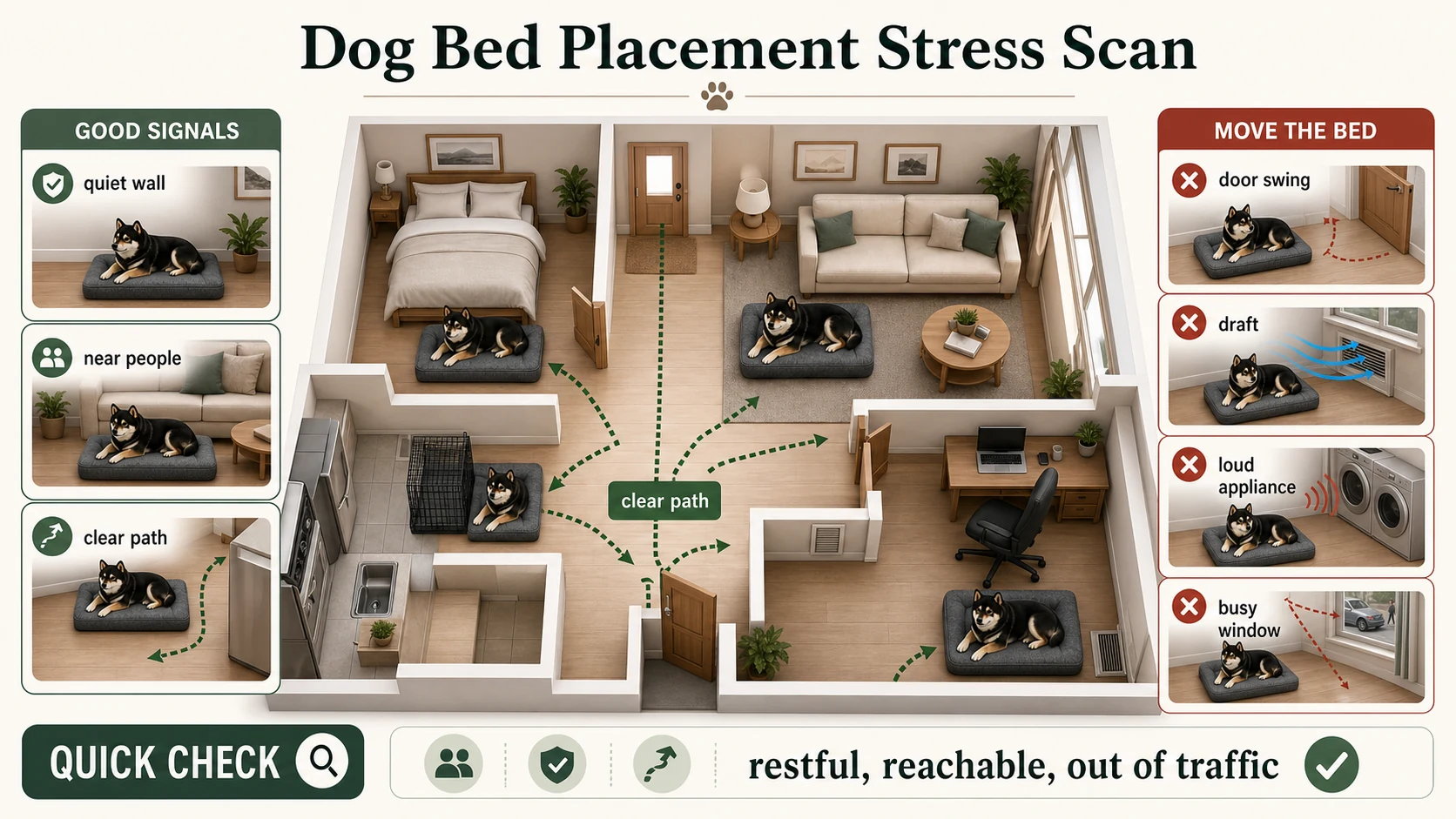 Professional infographic showing dog bed placement stress checks for quiet walls, clear paths, nearby people, door swings, drafts, loud appliances, and busy windows.