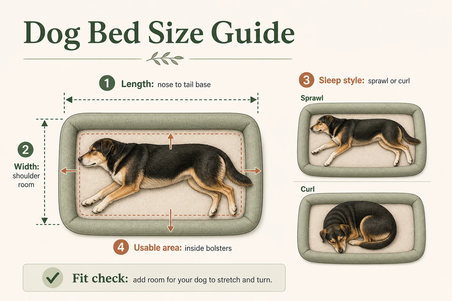 Infographic showing dog bed length, width, sleep style, and usable bolster area.