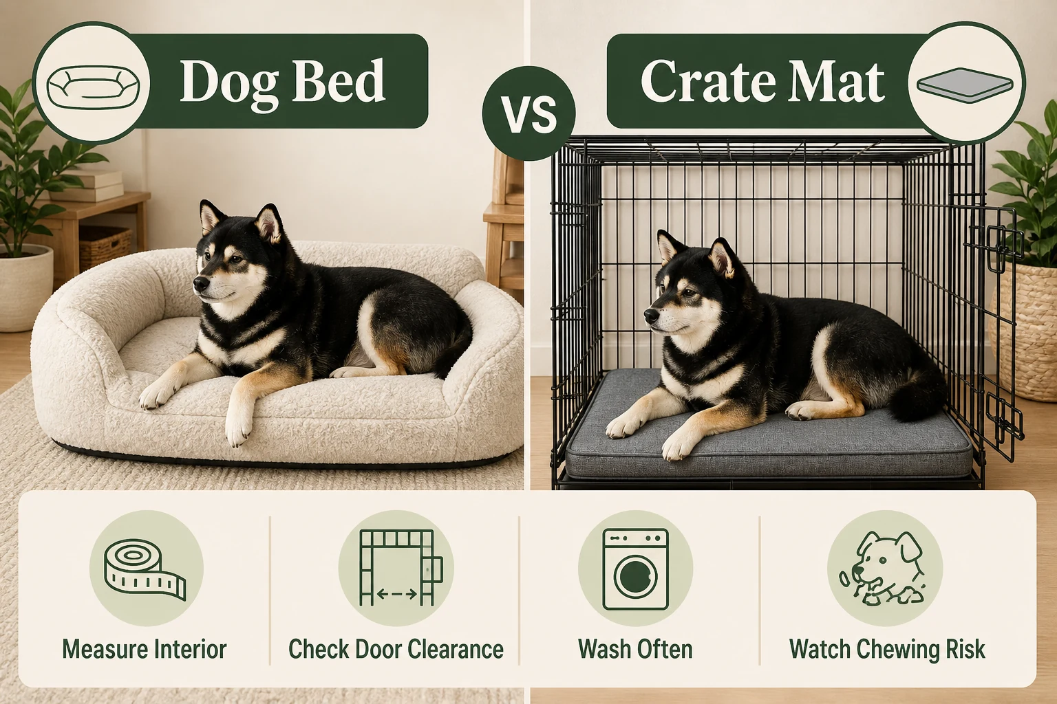 Infographic comparing a dog bed and a crate mat by interior measurement, door clearance, washing, and chewing risk.