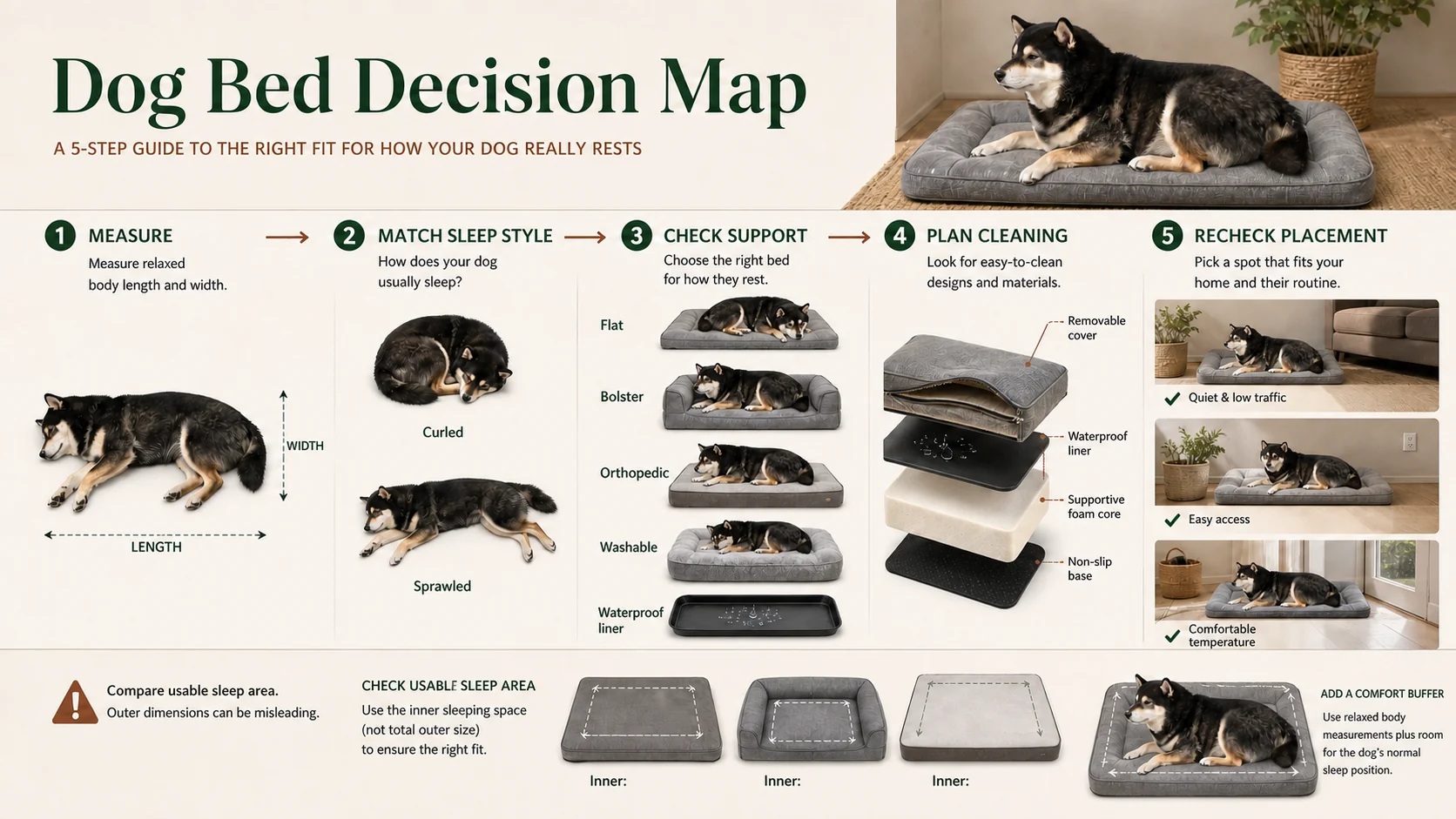 Dog bed decision map showing how to measure relaxed length and width, match sleep style, compare support and washable layers, check usable sleep area, and choose a practical room placement.