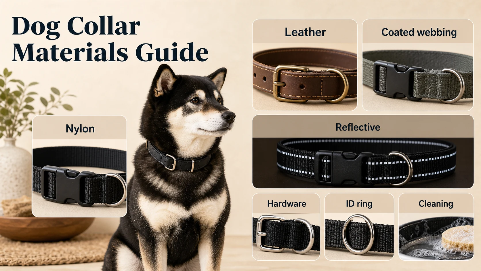 Infographic comparing dog collar materials including nylon, leather, coated webbing, reflective collar details, hardware, ID ring, and cleaning.