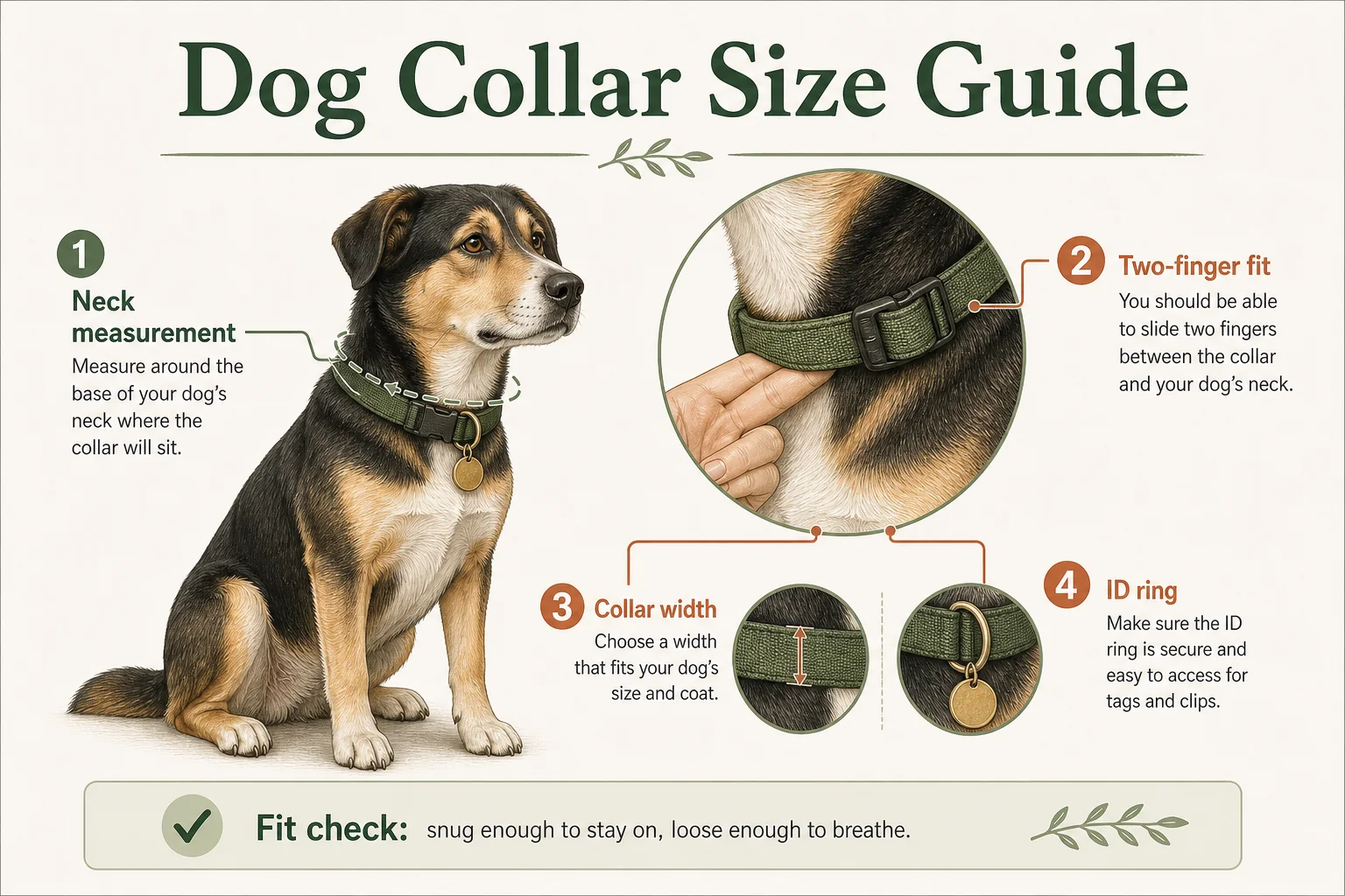 Infographic showing dog collar neck measurement, two-finger fit, collar width, and ID ring.