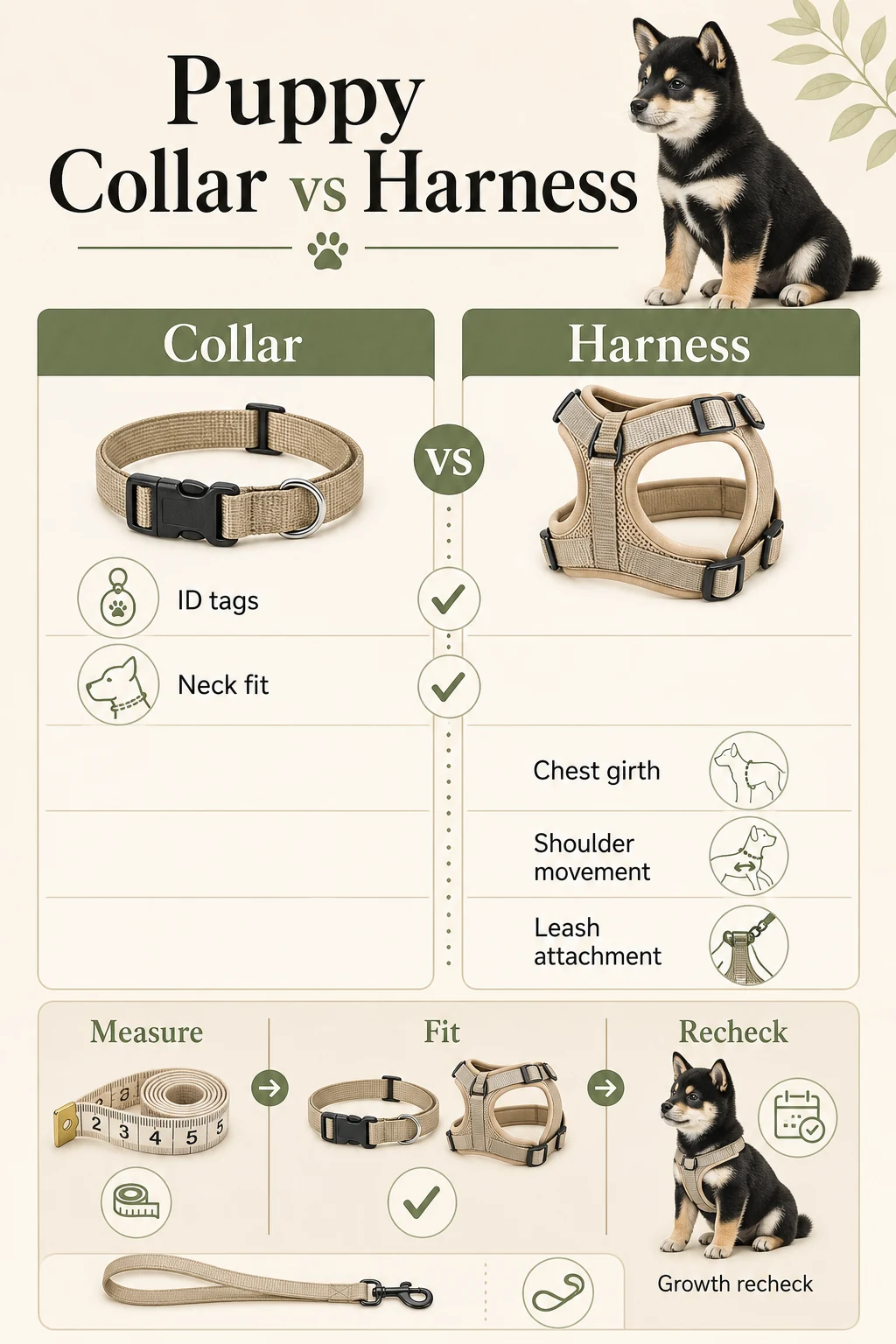 Infographic comparing puppy collar and harness fit checks by ID tags, neck fit, chest girth, shoulder movement, leash attachment, measuring, fitting, and growth rechecks.