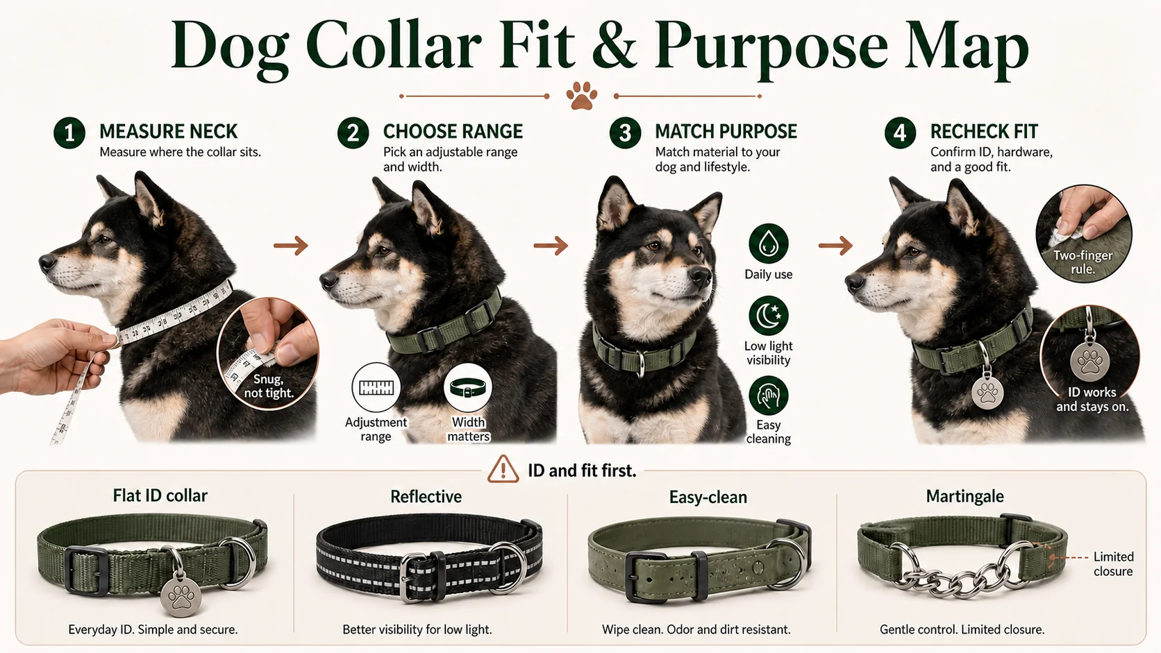 Dog collar fit and purpose map showing neck measurement, adjustment range, collar width, flat ID, reflective, easy-clean, and limited-slip martingale options, plus ID hardware and fit rechecks.