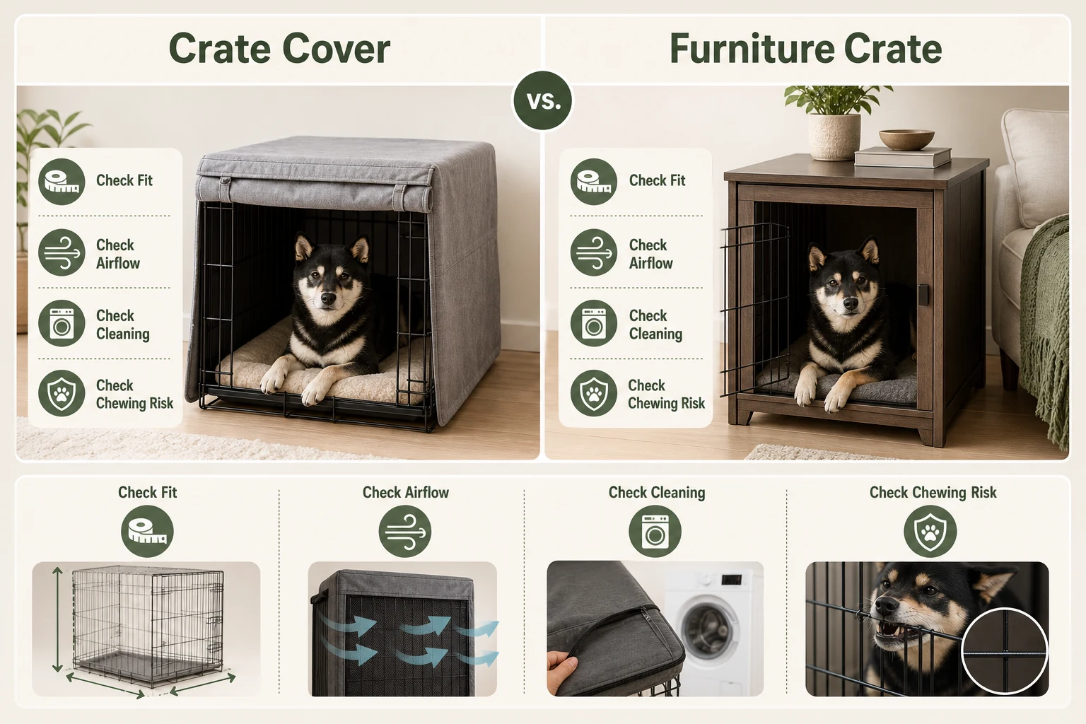 Infographic comparing crate covers and furniture crates by fit, airflow, cleaning access, and chewing risk.