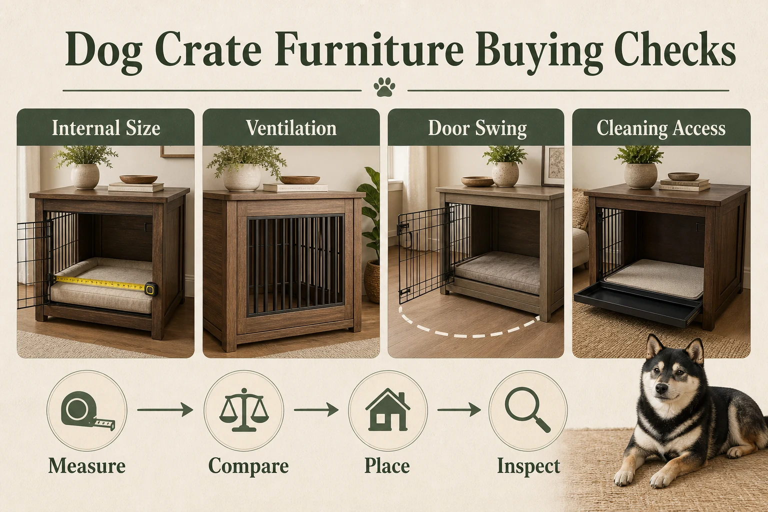 Infographic showing dog crate furniture buying checks for internal size, ventilation, door swing, cleaning access, measuring, comparing, placing, and inspecting.