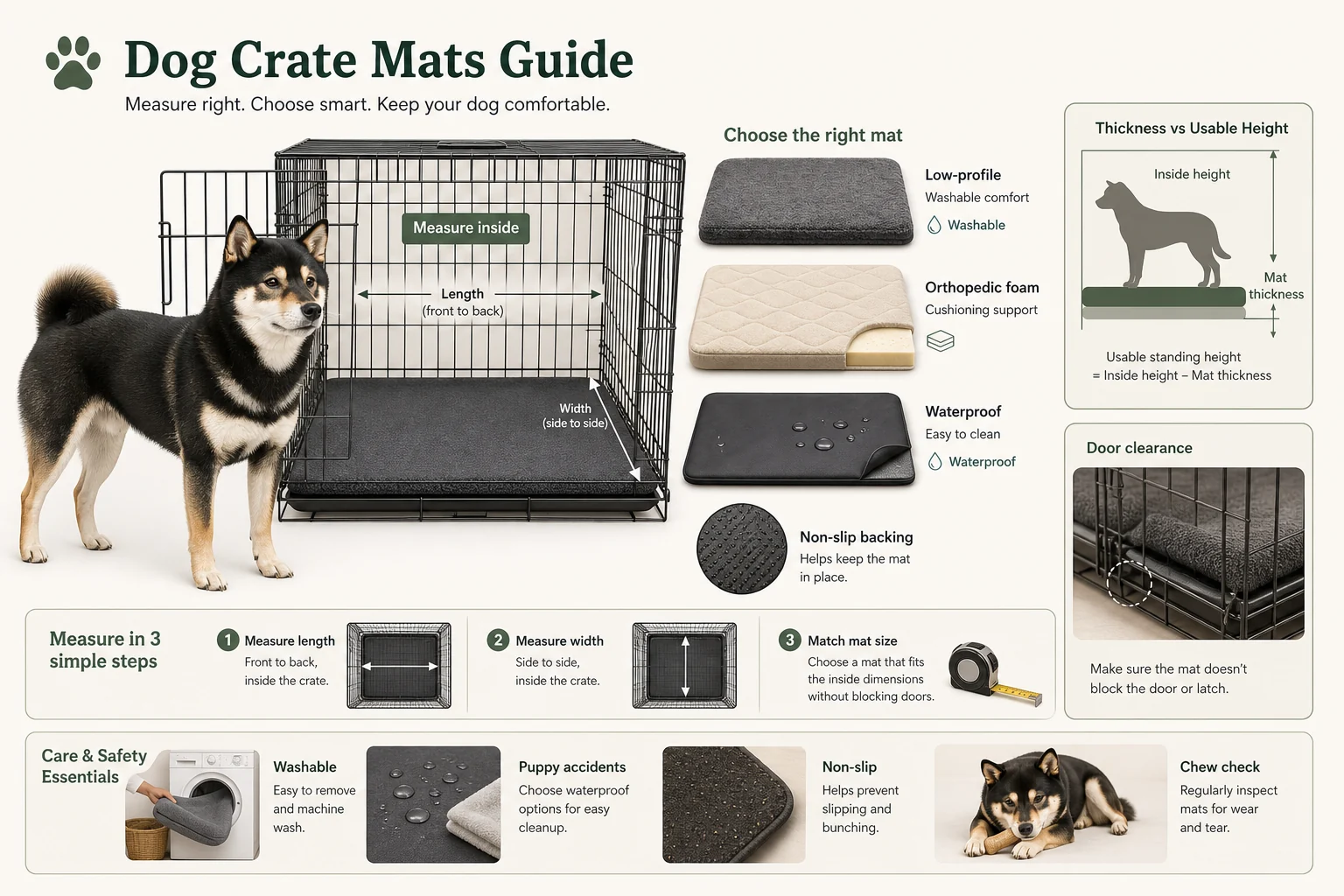 Infographic showing dog crate mat measuring steps, washable mats, orthopedic foam mats, waterproof mats, non-slip backing, door clearance, and mat thickness versus usable crate height.