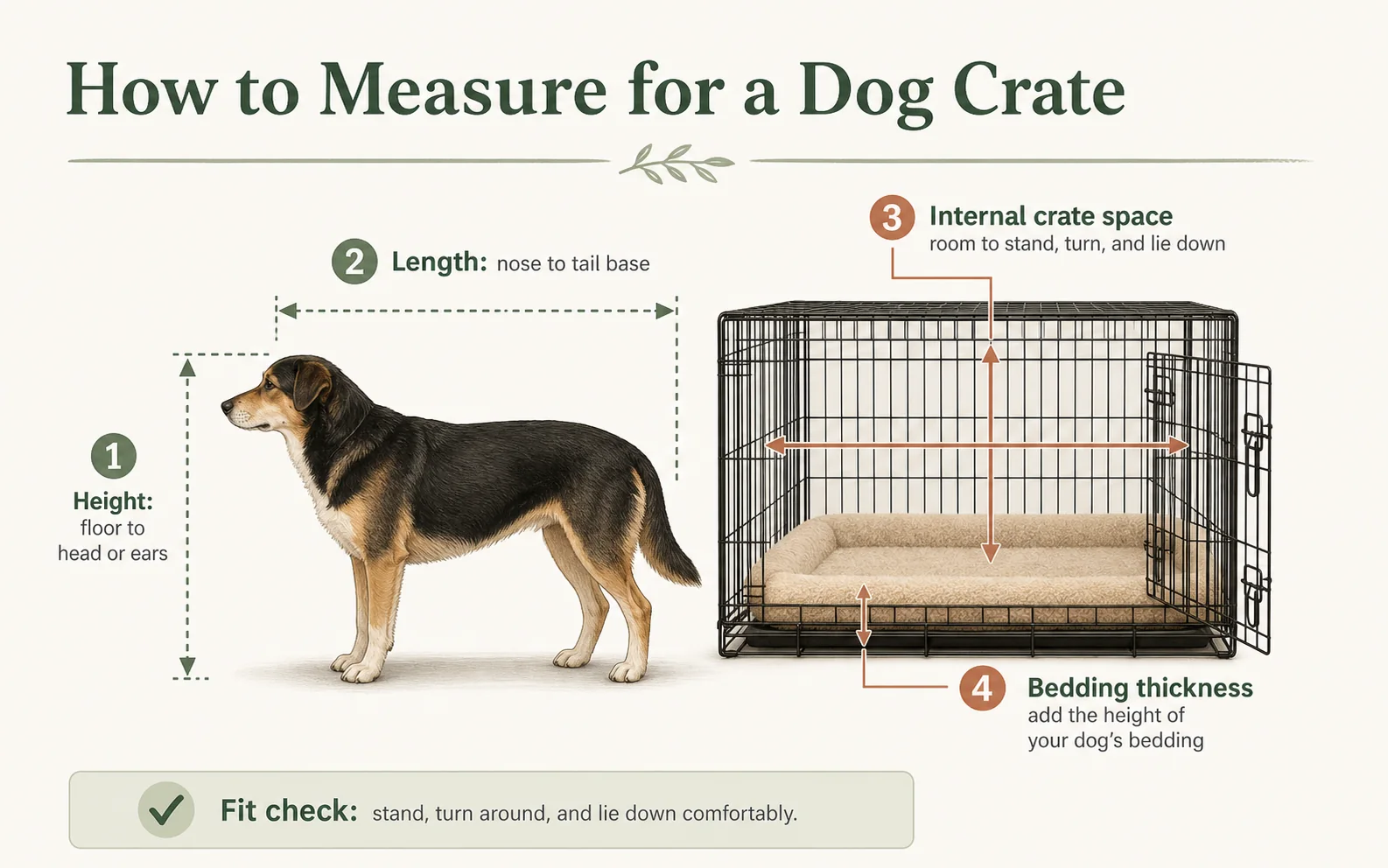 Infographic showing how to measure dog height, dog length, internal crate dimensions, and bedding thickness.