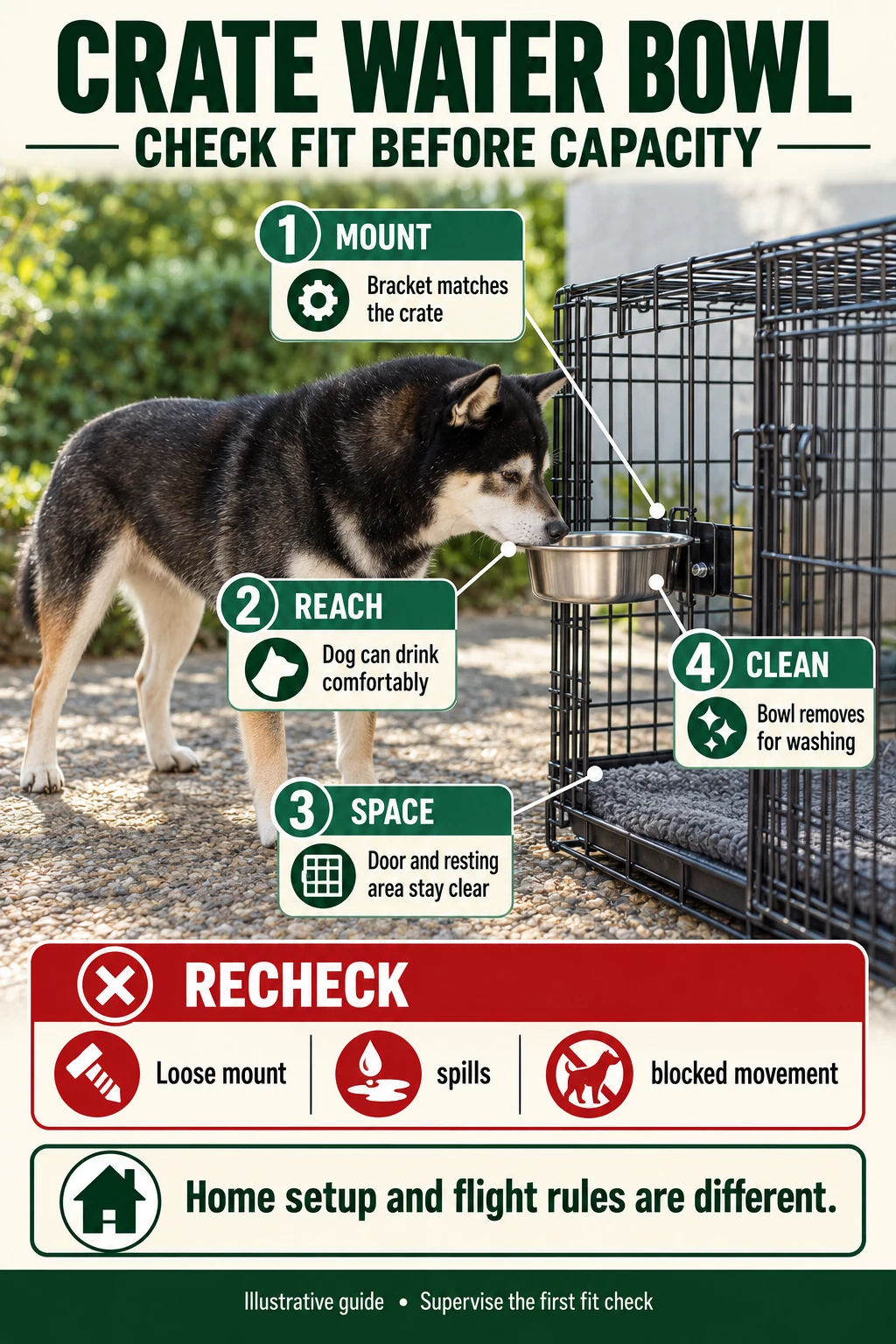 Crate water bowl checks with Mr. Smoky: a compatible mount, comfortable reach, clear door and resting space, and a removable bowl for cleaning