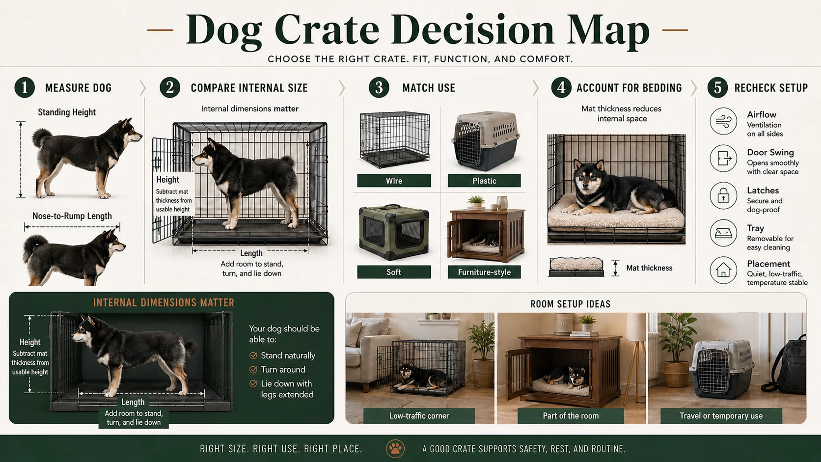 Dog crate decision map showing standing height and body length measurements, internal dimensions, wire, plastic, soft, and furniture-style crates, mat thickness, airflow, doors, latches, trays, and room placement.