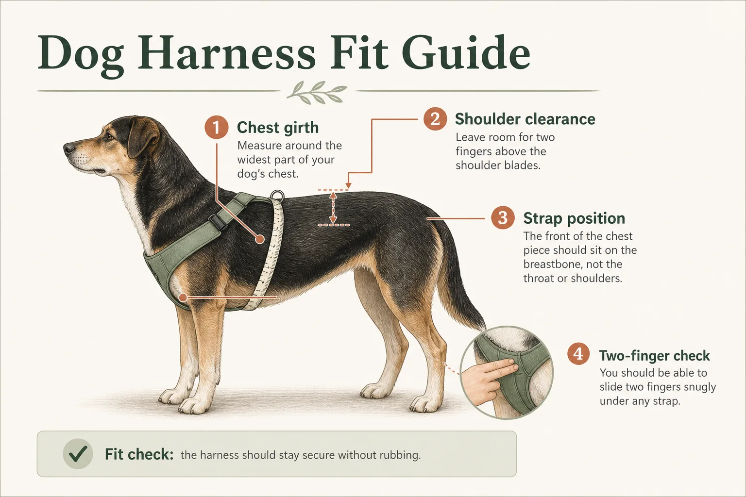 Infographic showing dog harness chest girth, shoulder clearance, strap position, and two-finger fit check.