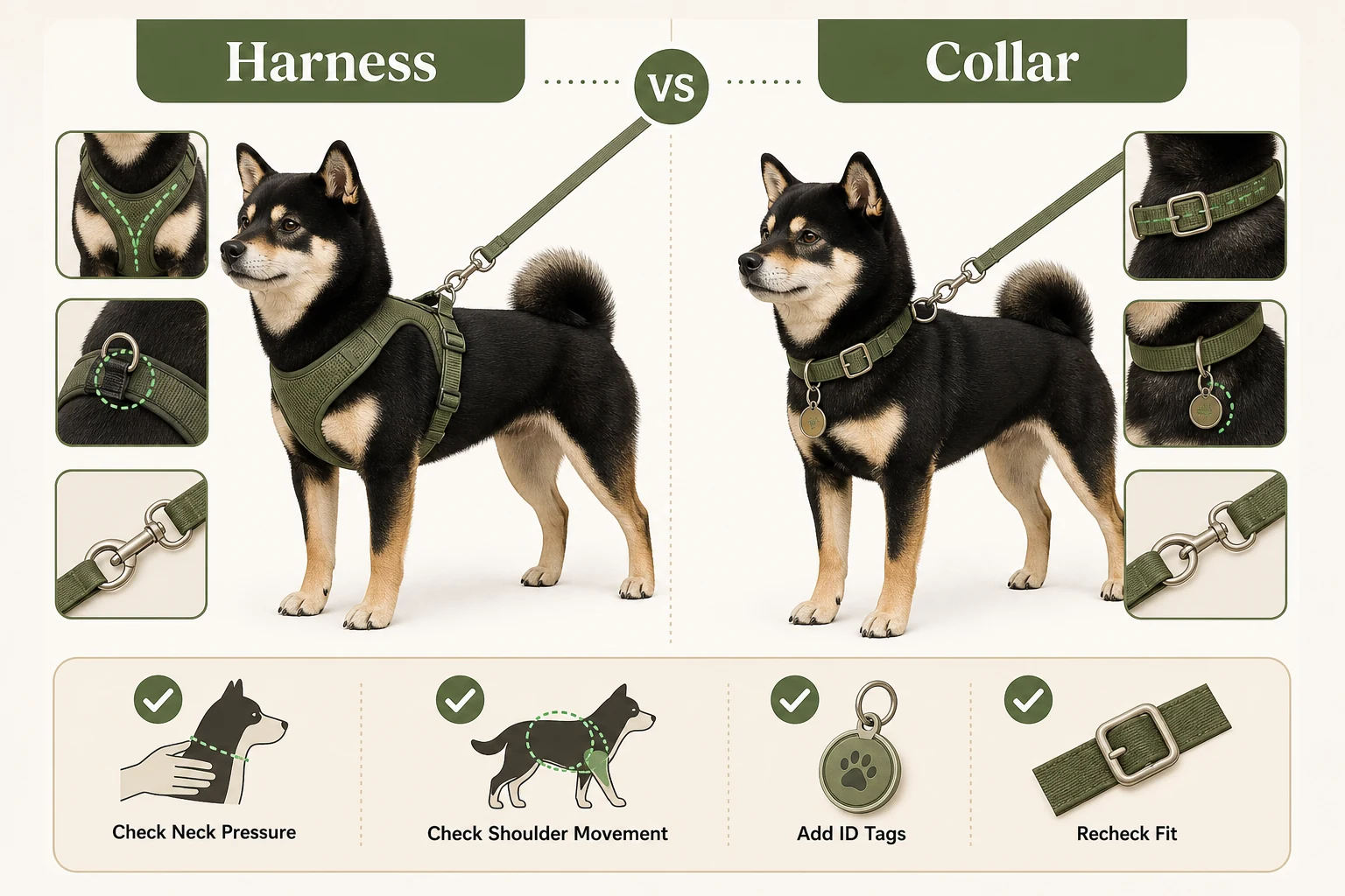 Infographic comparing a dog harness and collar by neck pressure, shoulder movement, ID tags, and fit rechecks.