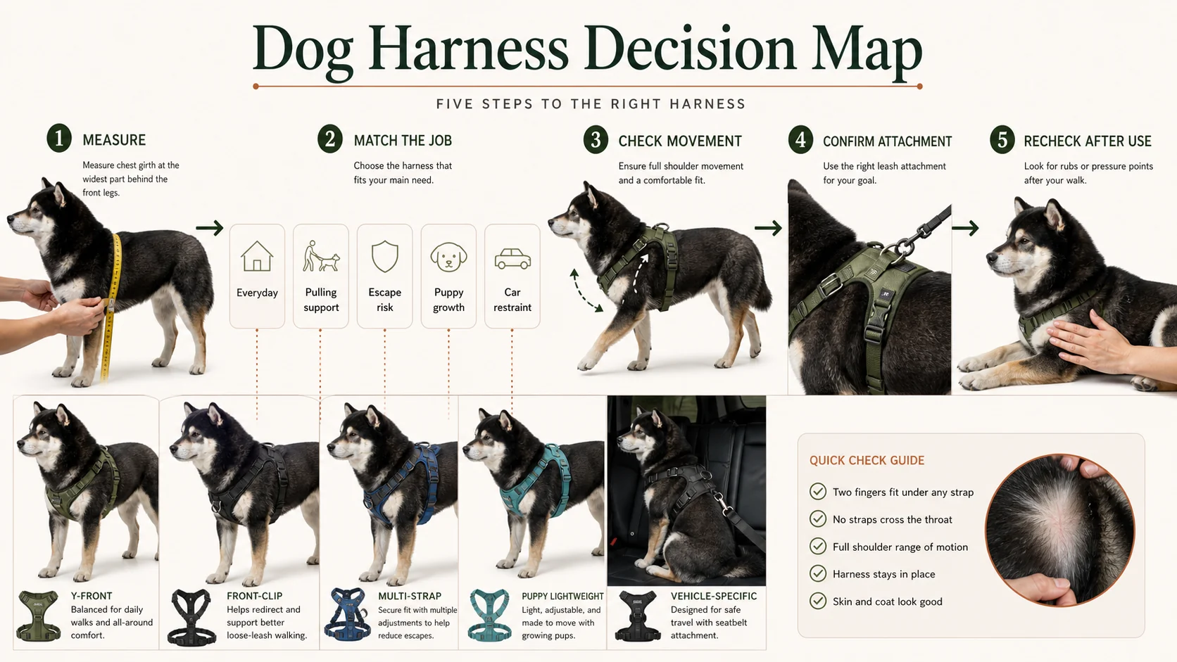 Dog harness decision map showing chest-girth measurement, everyday, pulling-support, escape-aware, puppy, and car-restraint needs, shoulder movement, leash attachment, and post-walk fit inspection.