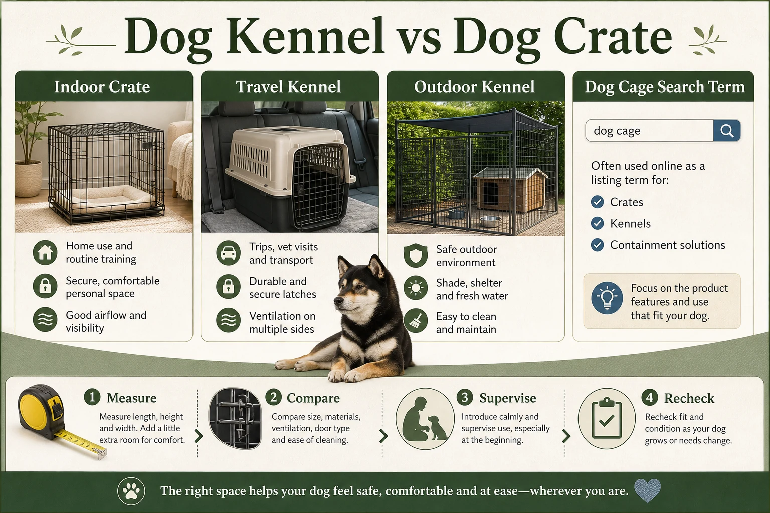 Infographic comparing indoor dog crates, travel kennels, outdoor kennels, and dog cage search terms with measure, compare, supervise, and recheck steps.