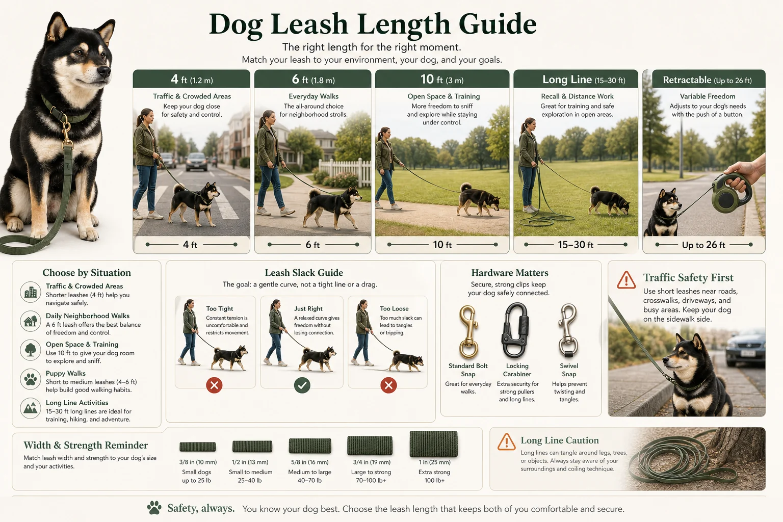 Infographic comparing 4 foot, 6 foot, 10 foot, long line, and retractable dog leash lengths for traffic, daily walks, open spaces, puppy walks, hardware, and tangle risk.