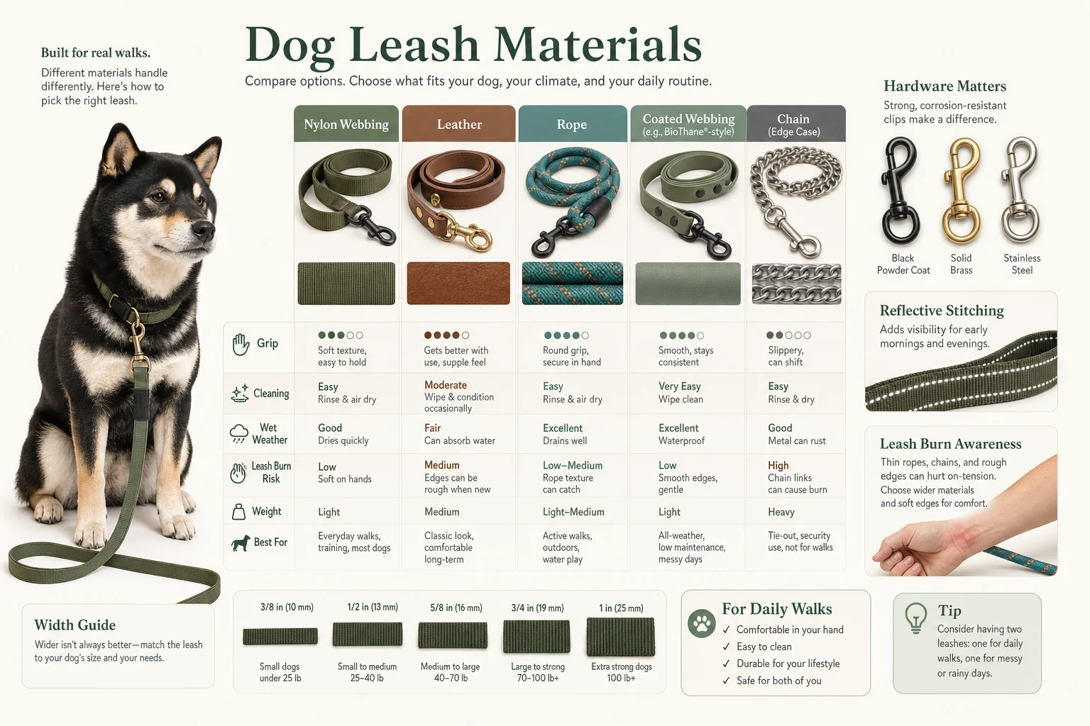 Infographic comparing nylon, leather, rope, coated webbing, chain leash edge cases, grip, cleaning, wet weather, leash burn risk, hardware, reflective stitching, and leash width.