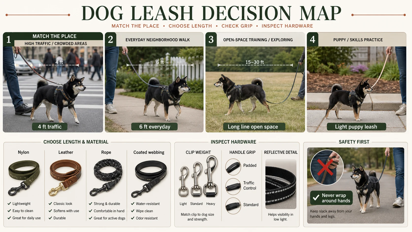 Dog leash decision map comparing a four-foot traffic leash, six-foot everyday leash, open-space long line, and lightweight puppy leash with nylon, leather, rope, coated webbing, clip, grip, and reflective checks.