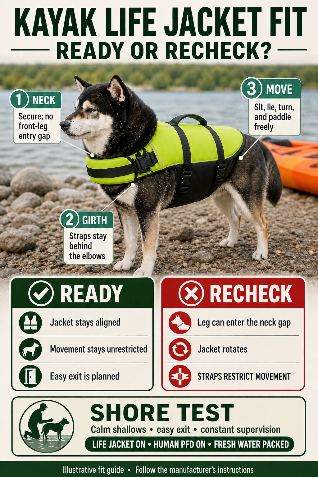 Five-point kayak dog life jacket fit check for girth, neck, movement, handle plan, and shore test