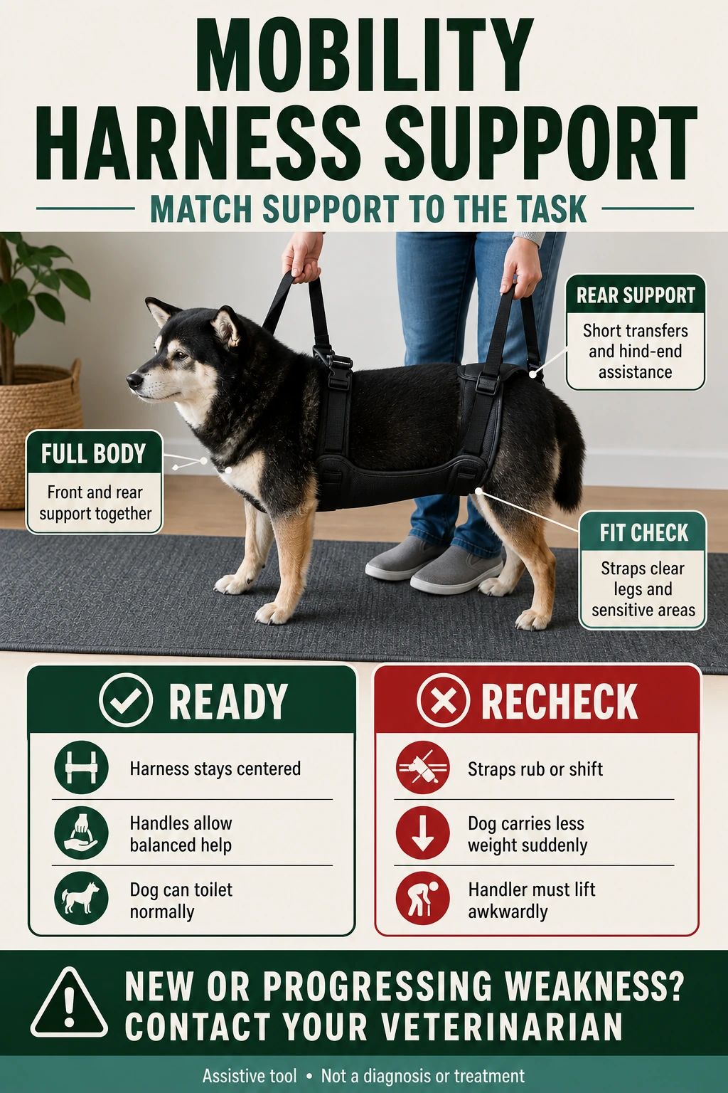 Dog mobility support map comparing rear slings, full-body harnesses, and veterinary rehabilitation planning