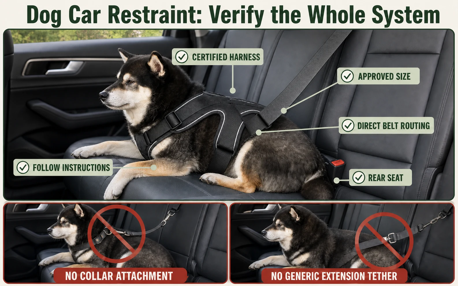 Infographic comparing a certified dog car harness, generic extension tether, collar attachment, rear-seat position, and manufacturer belt routing.
