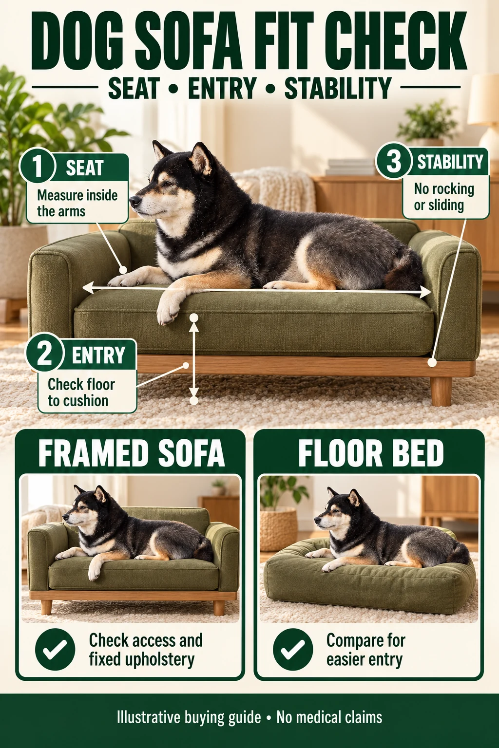 Dog sofa fit guide showing inside seat measurements, floor-to-cushion entry height, stability and comparison with a floor bed