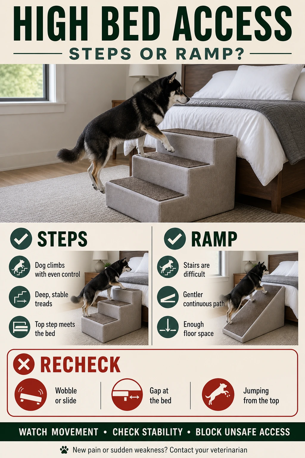 Decision graphic comparing dog steps and ramps for a high bed with veterinary warning signs