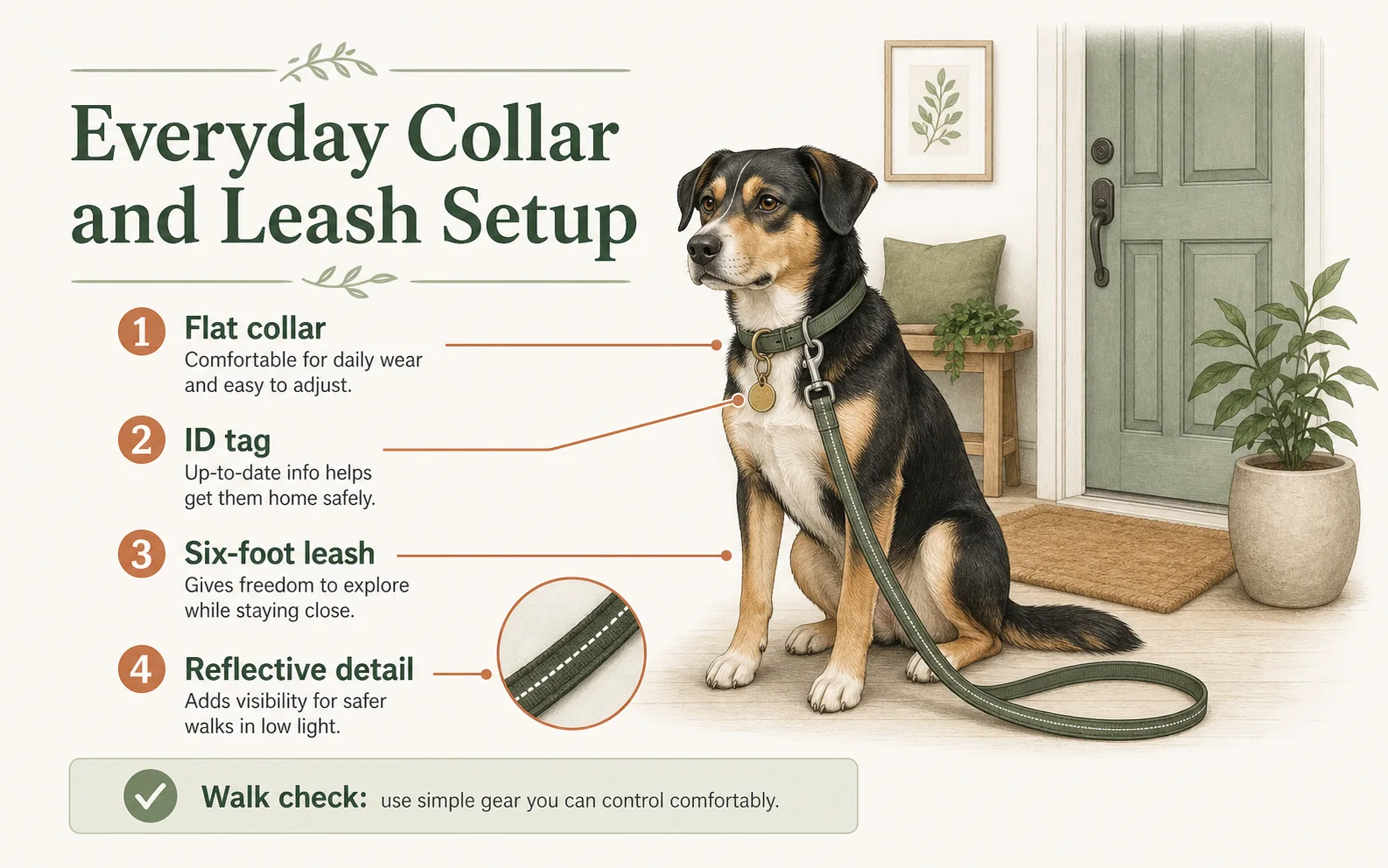 Infographic showing flat collar, ID tag, six-foot leash, and reflective detail for everyday dog walks.
