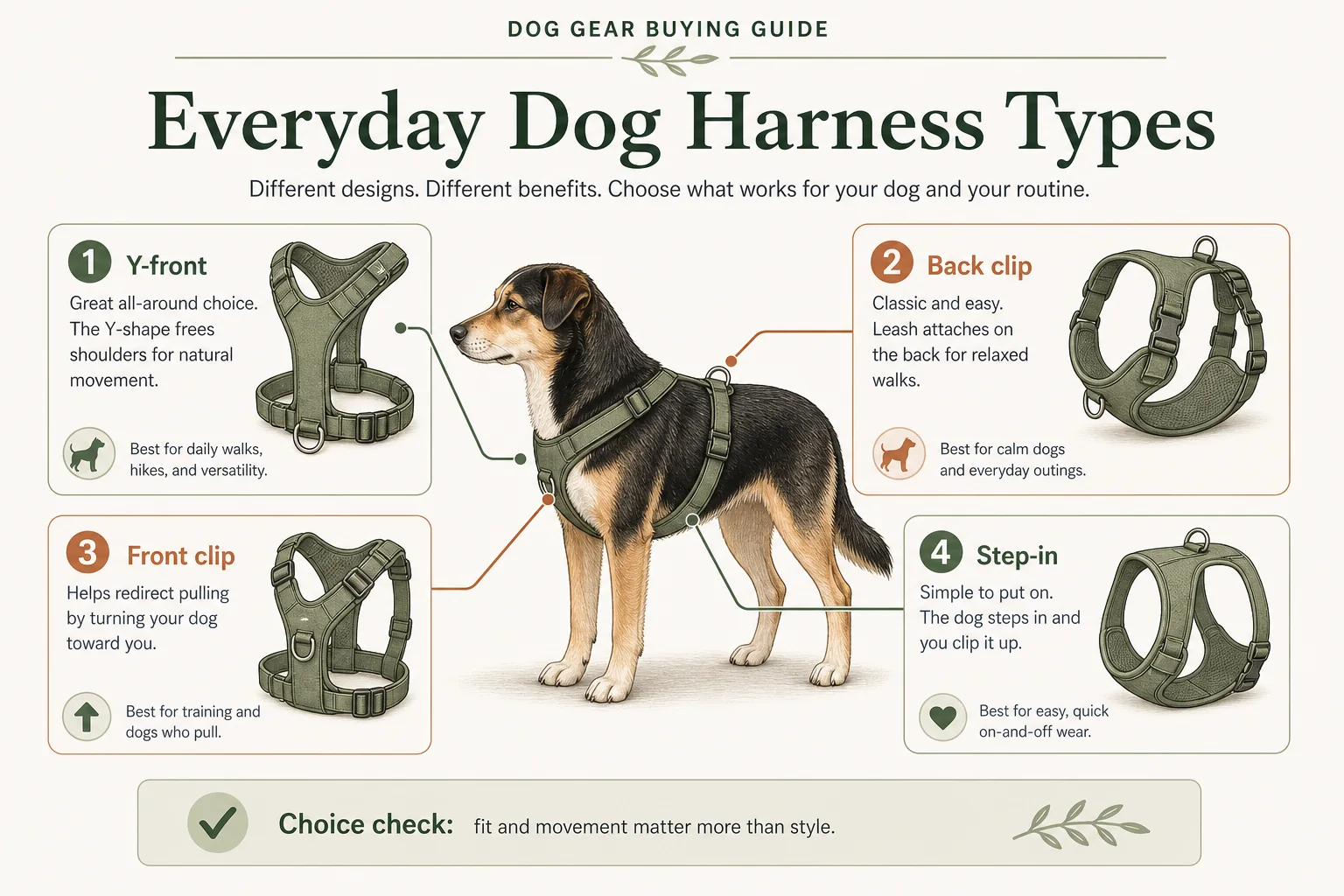 Infographic showing Y-front, back-clip, front-clip, and step-in dog harness types.