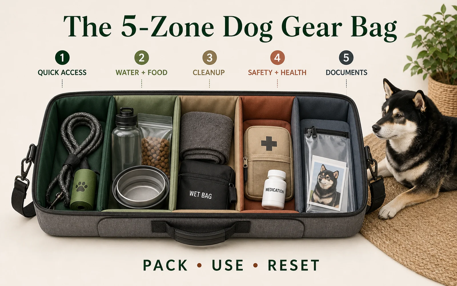 Five-zone dog gear bag infographic featuring Mr. Smoky, with quick access, water and food, cleanup, safety and health, and document compartments.
