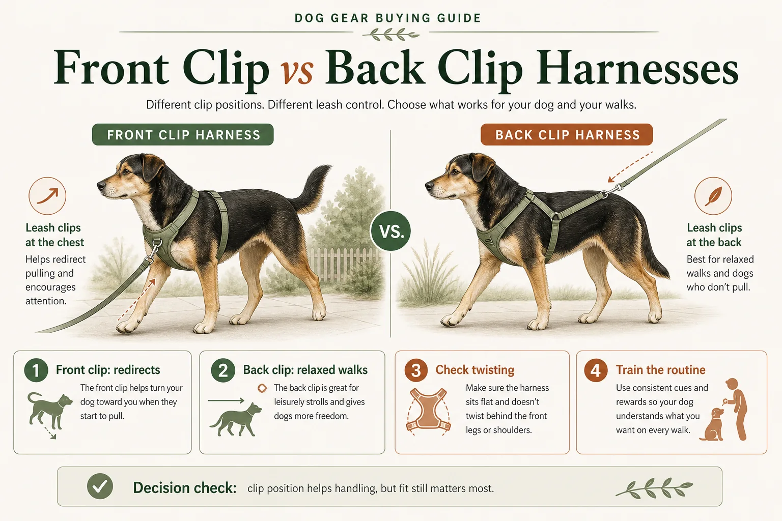 Infographic comparing front clip and back clip dog harness leash angles and training considerations.
