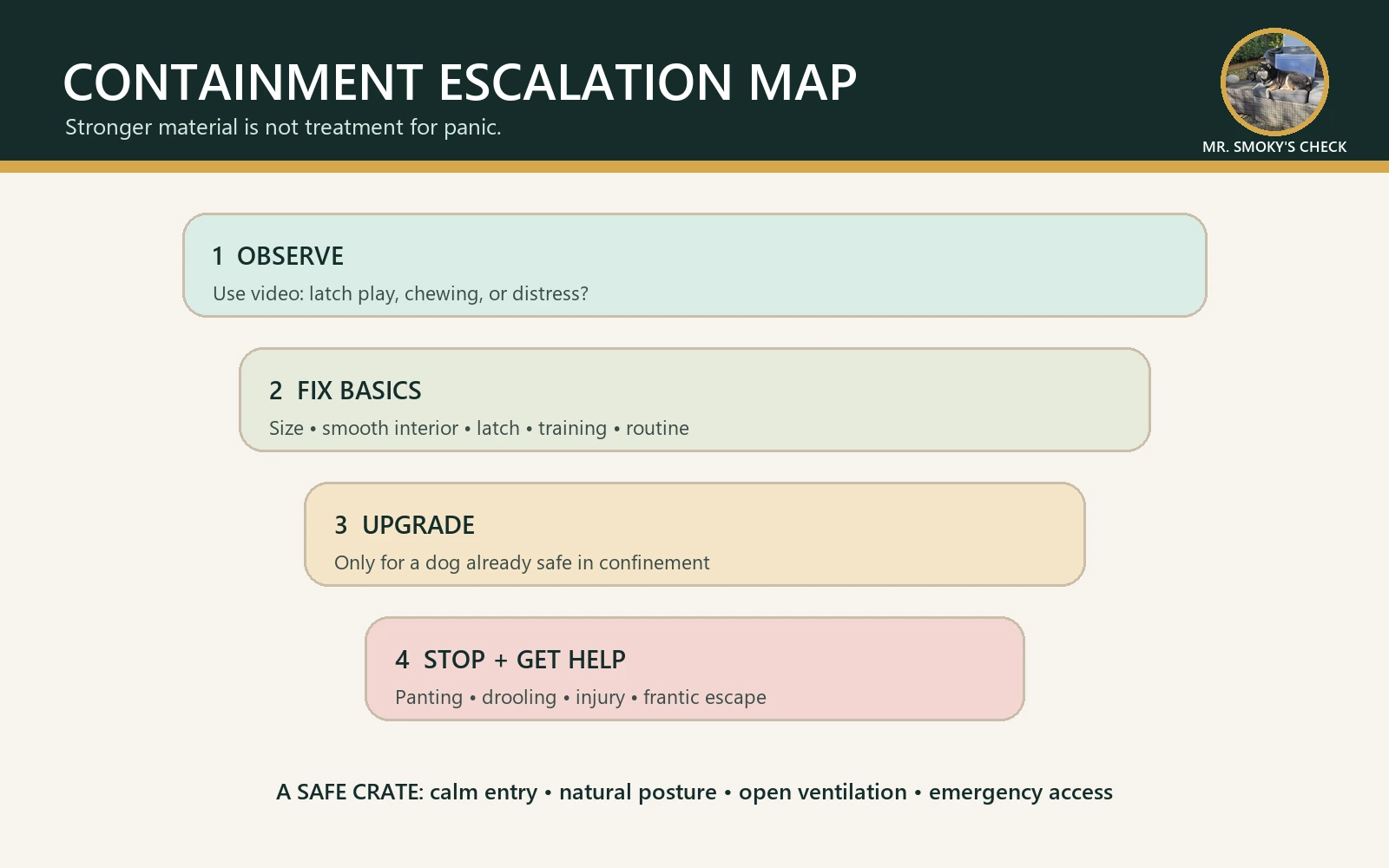 Heavy-duty dog crate escalation map from ordinary management to professional anxiety help featuring Mr. Smoky