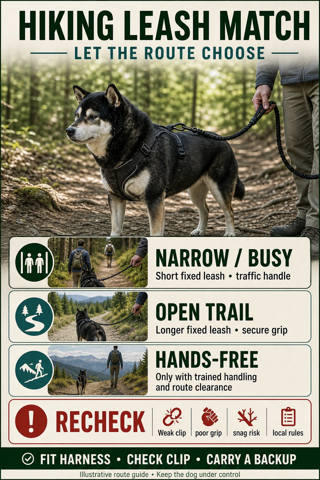 Hiking dog leash selector for narrow trails, open trails, and long-line training spaces