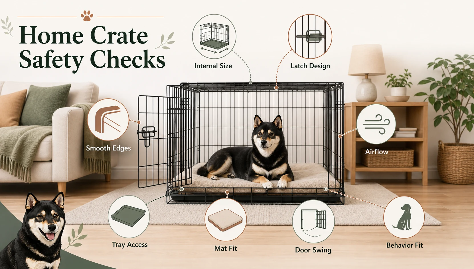 Infographic showing home crate safety checks including internal size, latch design, smooth edges, airflow, tray access, mat fit, door swing, and behavior fit.