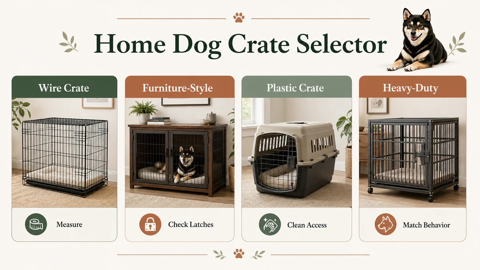 Infographic comparing wire, furniture-style, plastic, and heavy-duty dog crates for home use.