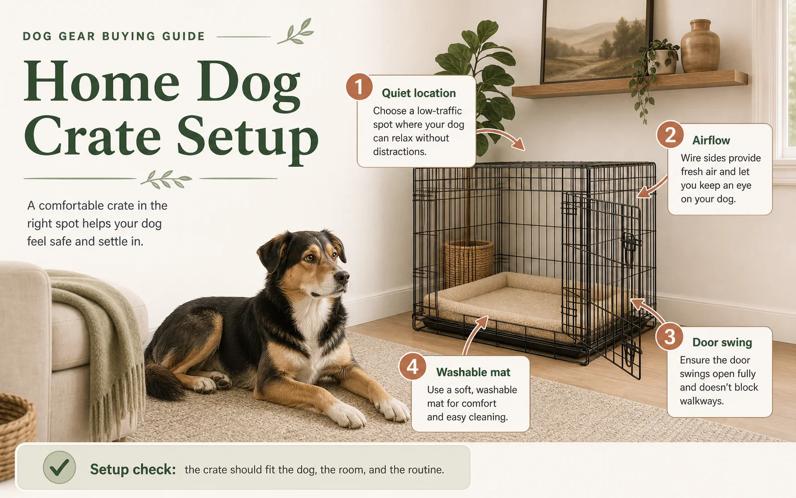 Infographic showing home dog crate placement, airflow, door swing, and washable mat.