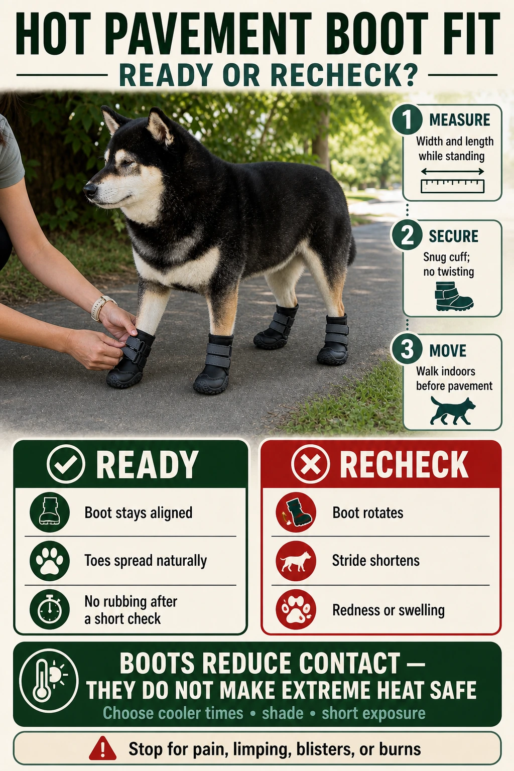 Four-stage hot-pavement dog boot fit check covering measurement, introduction, short walk, and paw inspection