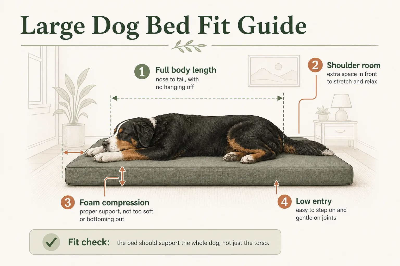 Infographic showing large dog bed length, shoulder room, foam compression, and low entry.