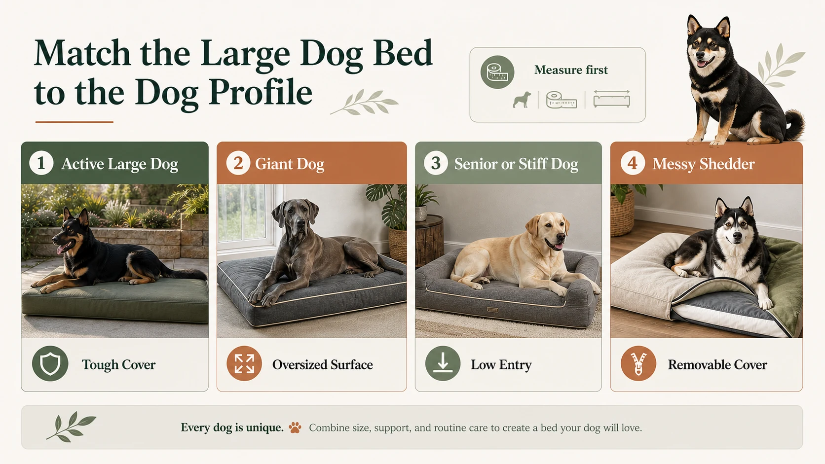 Infographic comparing large dog bed needs for active large dogs, giant dogs, senior or stiff dogs, and messy shedders.
