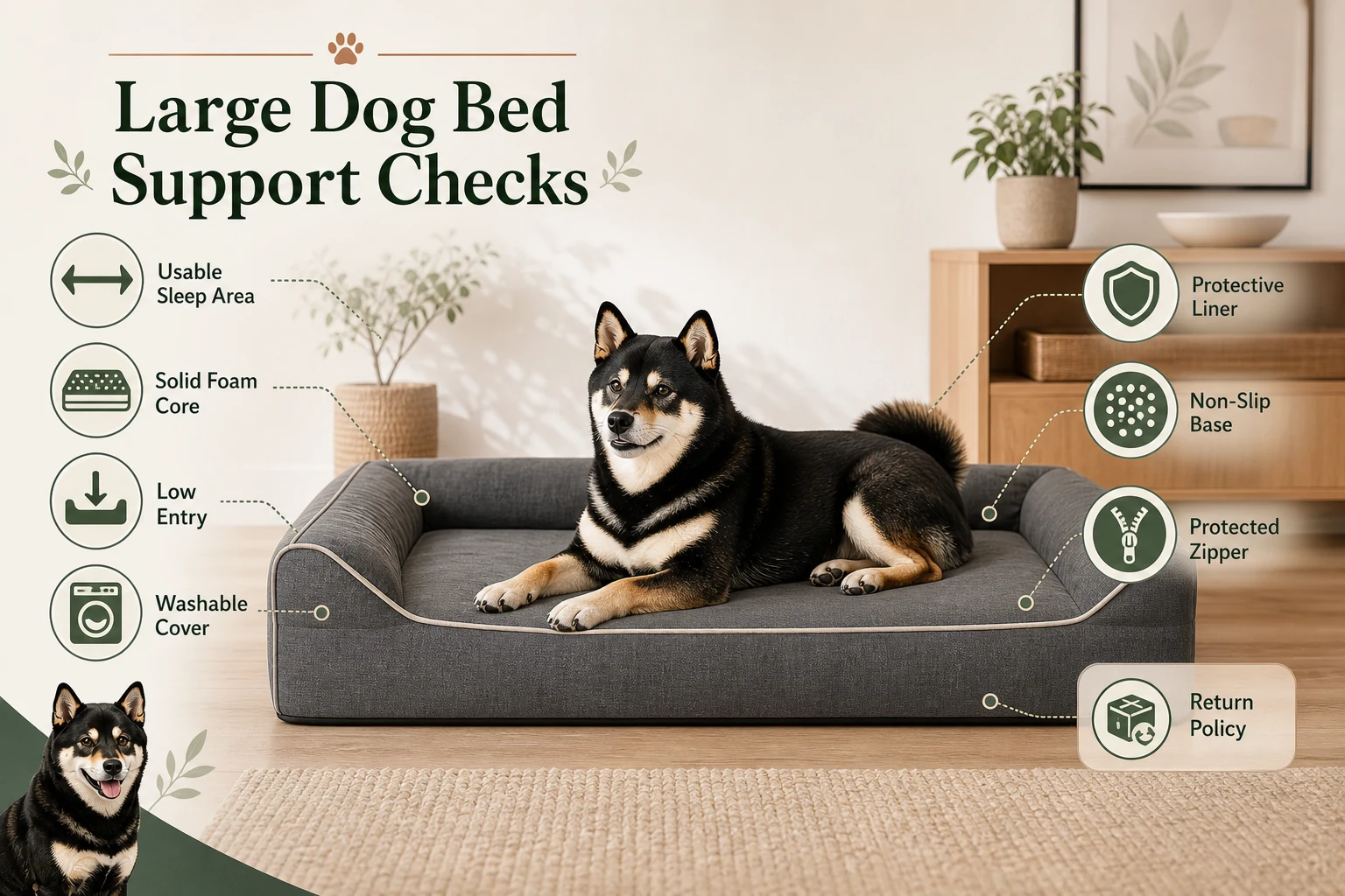 Infographic showing large dog bed support checks including usable sleep area, solid foam core, low entry, washable cover, liner, non-slip base, protected zipper, and return policy.