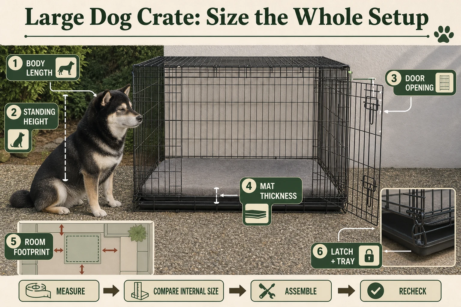 Infographic showing large dog crate checks for internal length, standing height, door opening, mat thickness, floor space, and latch strength.