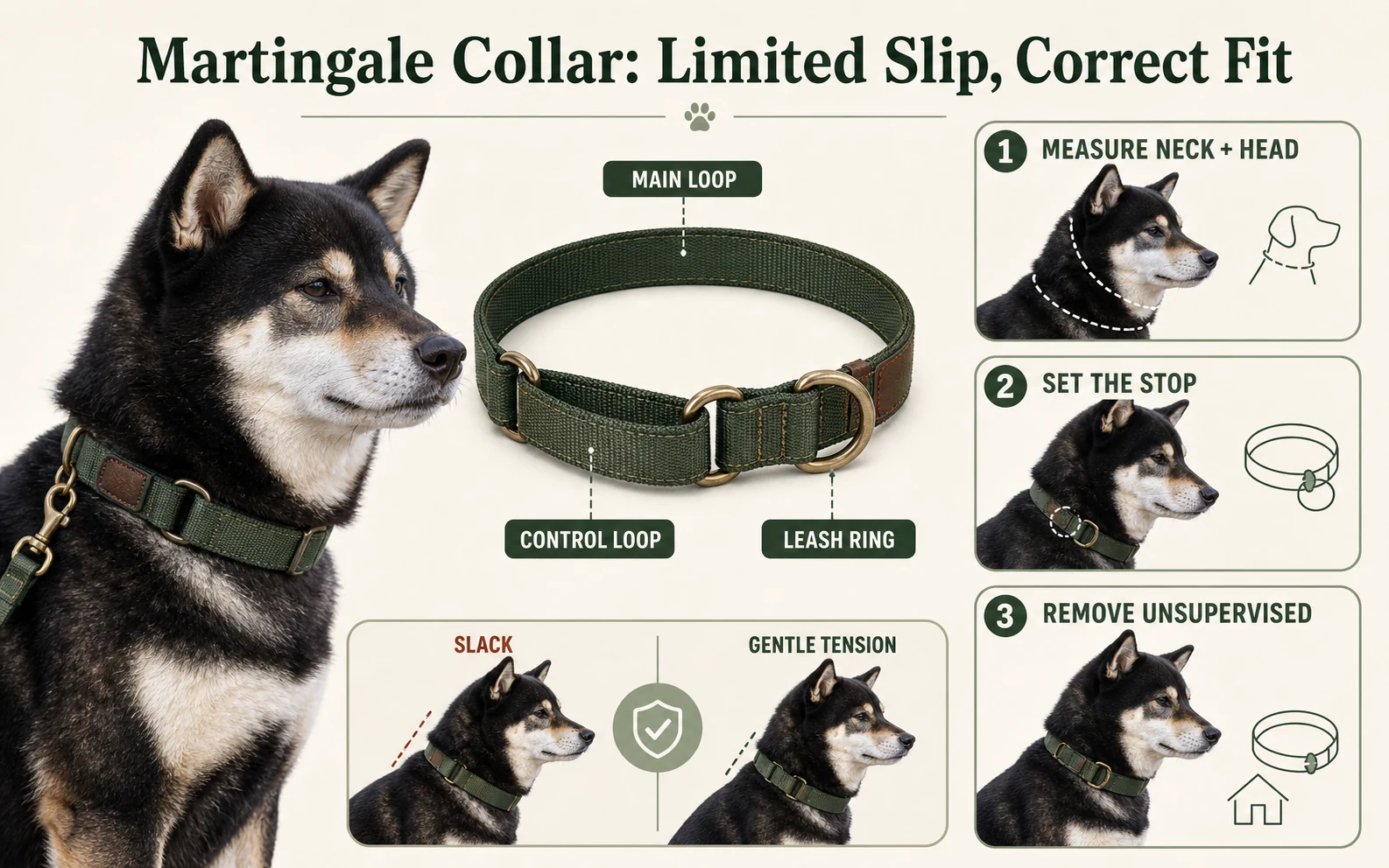 Infographic showing martingale collar parts, neck and head measurements, limited closure, and supervision checks.