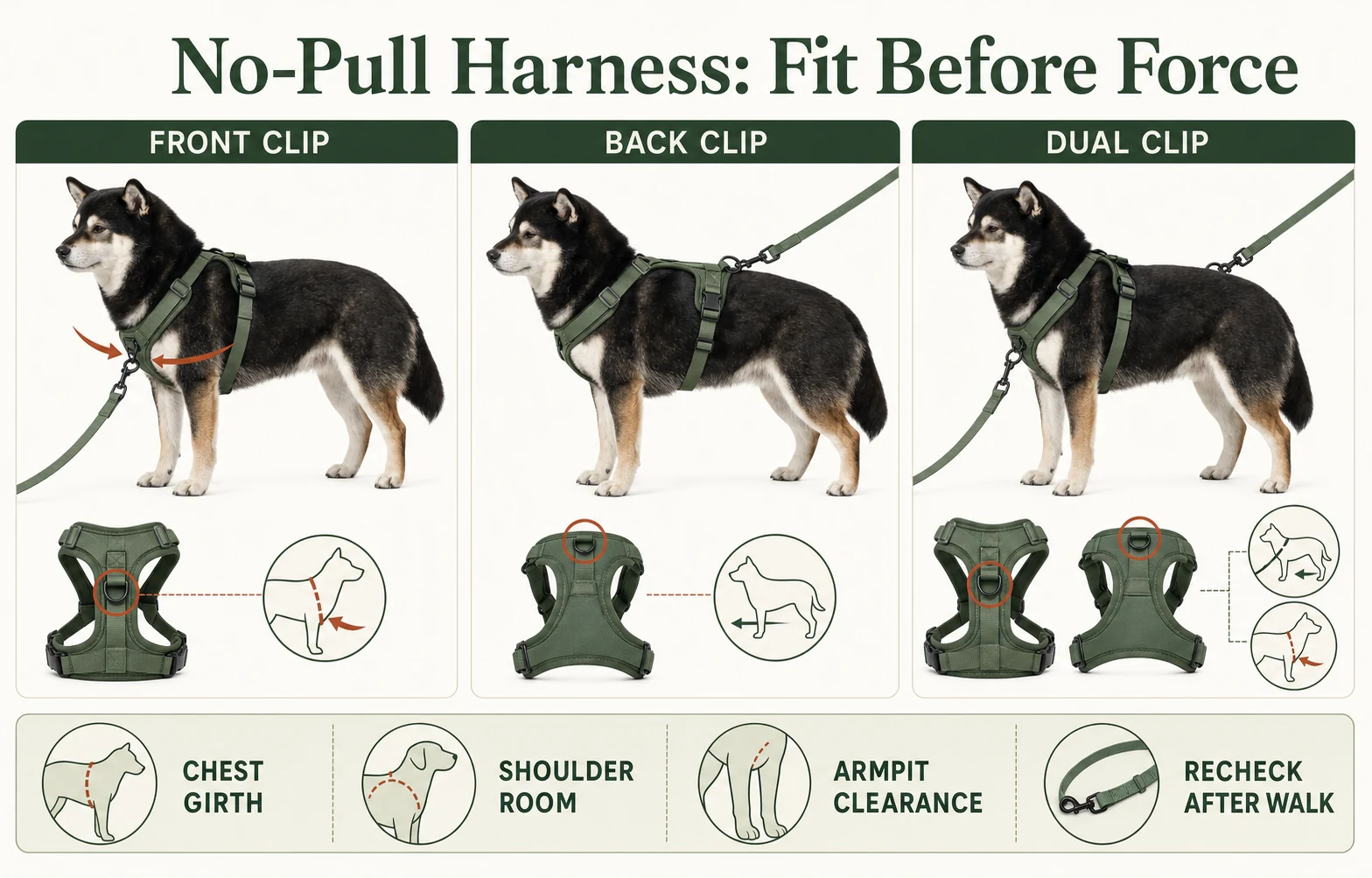 Infographic showing front-clip, back-clip, and dual-clip dog harness checks for chest fit, shoulder movement, and leash angle.