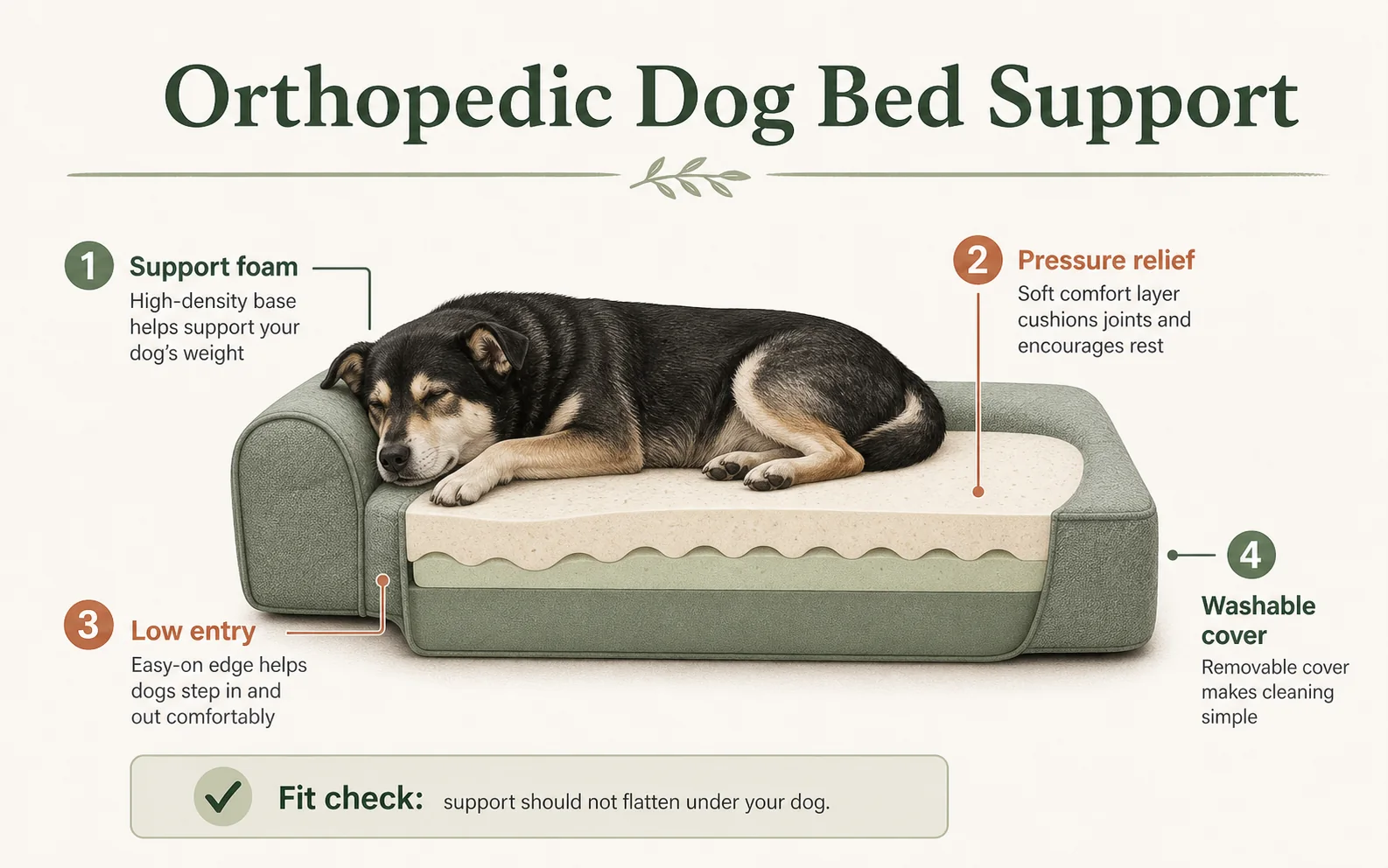 Infographic showing orthopedic dog bed support foam, pressure relief, low entry, and washable cover.