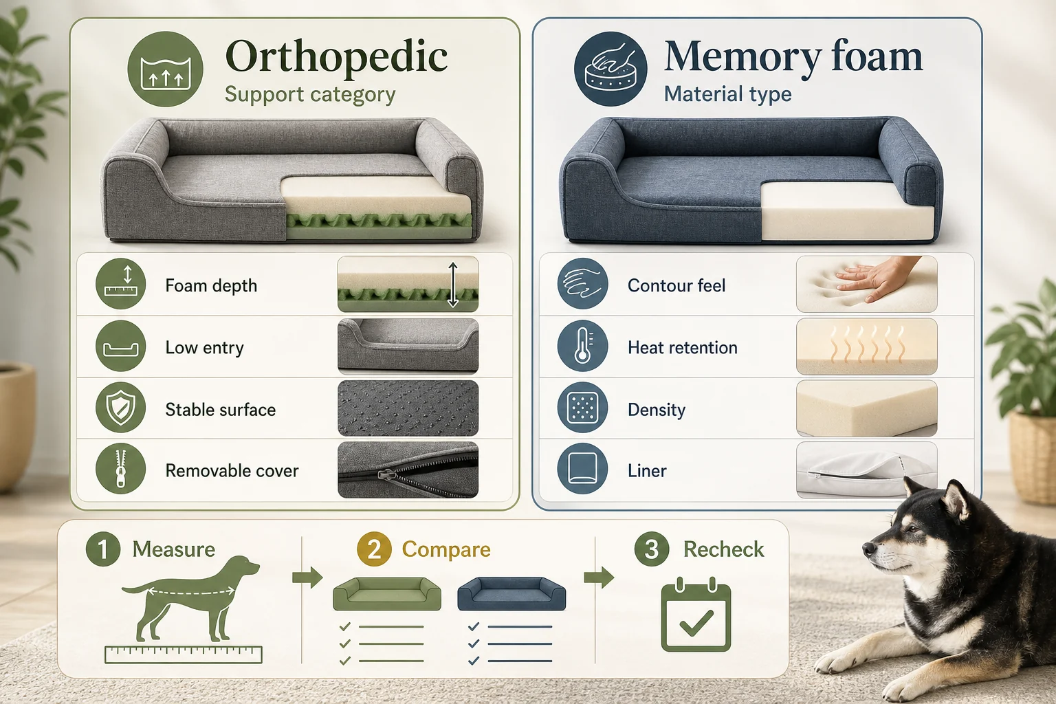 Infographic comparing orthopedic dog beds as a support category and memory foam dog beds as a material type, with checks for foam depth, low entry, heat retention, density, removable cover, measuring, comparing, and rechecking.