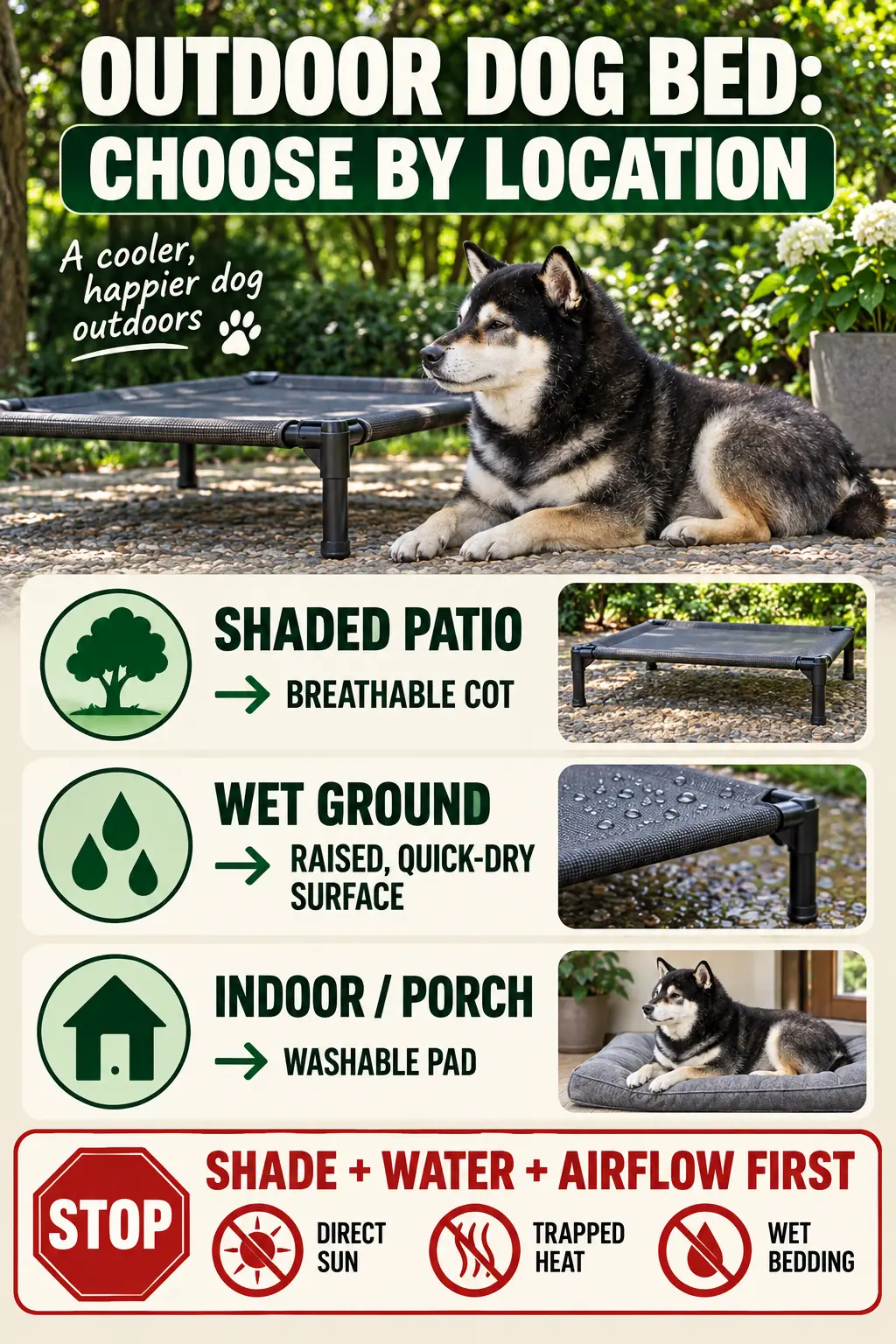 Outdoor dog bed decision graphic: shaded patio, wet ground, and sheltered porch choices with shade, water, and airflow first